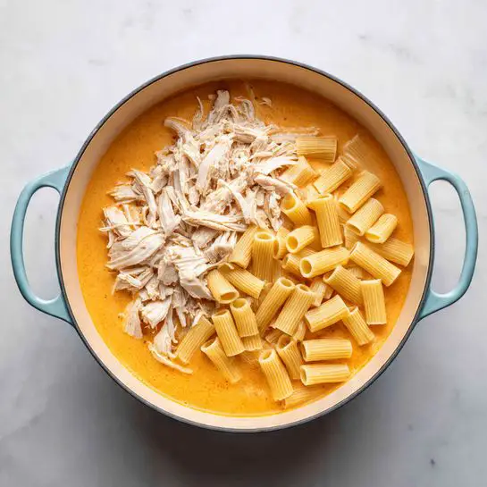 A round white pot with light blue handles holds a dish with two main layers. The bottom layer is a smooth orange creamy sauce that fills the pot evenly. On the left side of the pot, there are pieces of shredded white cooked chicken placed over the sauce. On the right side, there are short tube-shaped rigatoni pasta pieces arranged neatly next to the chicken. The pot sits on a white marbled surface. photo taken with an iphone --ar 4:5 --v 7