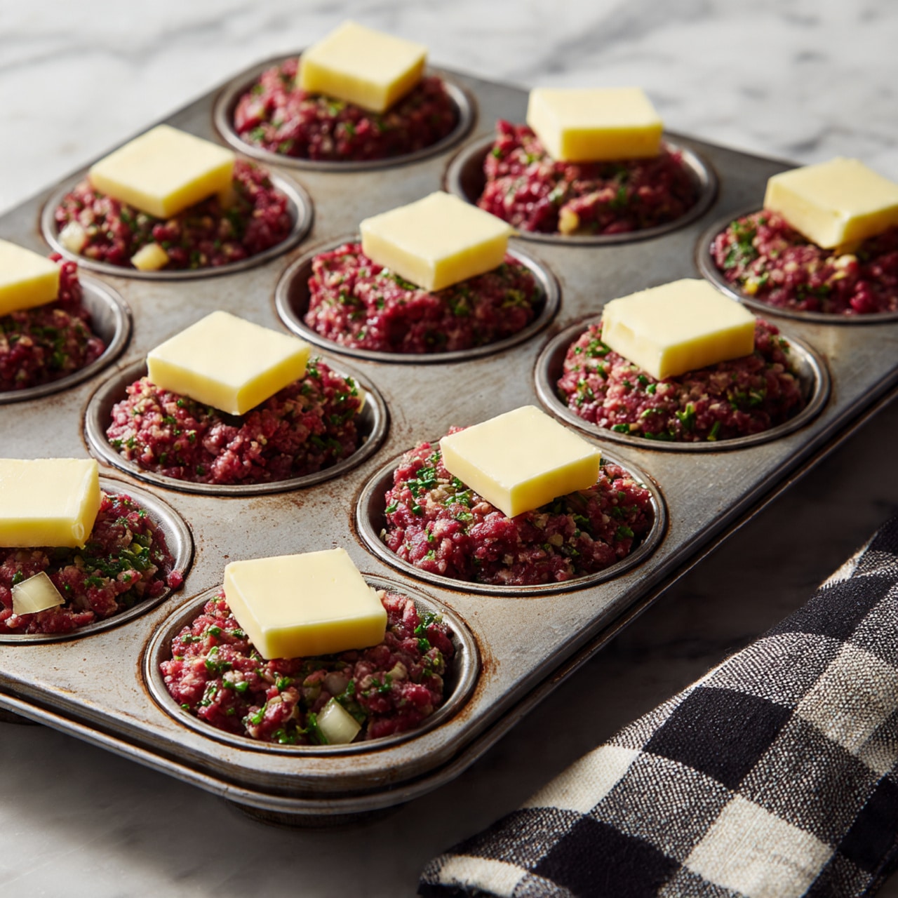 A clear glass bowl holds many ingredients separately, ready to mix. The bottom right has raw red ground meat with a few small white fat bits. Above it is a whole egg yolk next to pale yellow mustard. On the top right are two light beige powders, one finer and the other grainy. Top middle shows dark green dried herbs. Middle left contains chopped fresh green leafy herbs. Below that is bright red sauce with a smooth texture. To the left top, there is finely chopped pale yellow garlic. The bowl sits on a dark surface with a silver muffin tray behind it and a black and white checkered cloth under the bowl’s edge. photo taken with an iphone --ar 4:5 --v 7