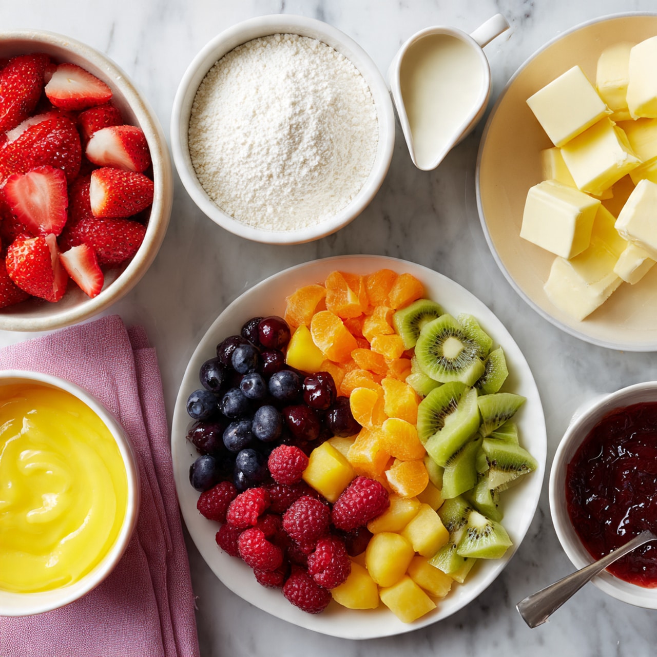 The image shows a metal muffin tray with nine small round dough cups placed inside each muffin hole. Each dough cup has a pale yellow color with a soft, smooth texture and slightly uneven edges that press against the tray. Small fork holes are visible in the center of each dough cup, creating tiny perforations. The tray is set on a white marbled surface. photo taken with an iphone --ar 4:5 --v 7