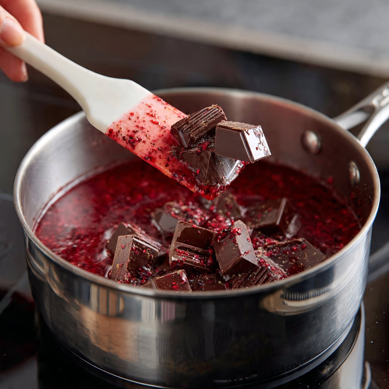 A silver sauce pot sits on a shiny black stovetop with a red liquid inside it, speckled with small bits that look like raspberry seeds. On top of the red liquid are scattered dark chocolate pieces in small rectangular chunks. A woman's hand holds a white spatula with a red-stained head, lifting some of the chocolate pieces and red sauce, mixing them together. The background around the stove is blurred, with the shiny stovetop reflecting light softly. photo taken with an iphone --ar 4:5 --v 7