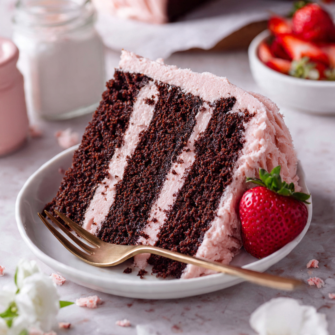 A slice of three-layer chocolate cake with light pink frosting between each layer sits on a white plate. The chocolate cake layers look soft and moist with a rich dark brown color, while the pink frosting is creamy and smooth. A fresh red strawberry is tucked behind the cake slice, adding a pop of color. A gold fork rests on the side of the plate. The background is a white marbled surface with scattered strawberry crumbs and part of the remaining cake visible on white parchment paper. Nearby, there is a small white bowl filled with sliced strawberries and a white jar in soft focus. A white flower petal is visible at the bottom right corner. Photo taken with an iphone --ar 4:5 --v 7