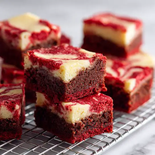 The image shows several square pieces of red and cream swirled brownies laid out on a metal wire cooling rack over a white marbled surface. Each piece has two visible layers: a deep red bottom layer with a moist, dense texture, and a creamy light layer swirled on top, creating a marbled pattern with streaks of both colors blending smoothly. The brownies are arranged in a slightly scattered manner, with some stacked gently on each other and others lying flat, showcasing their thick, even layers and glossy finish. Photo taken with an iphone --ar 4:5 --v 7