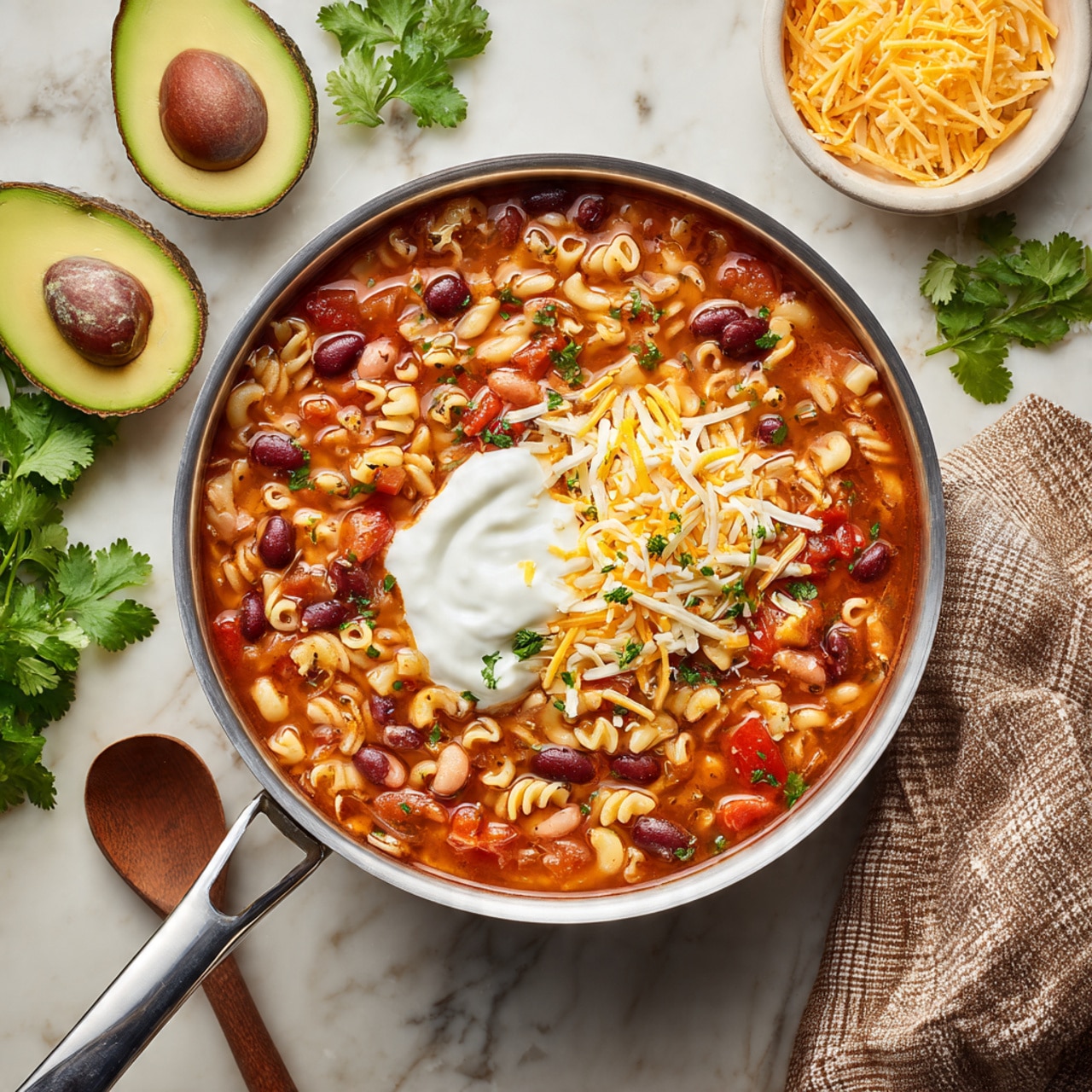 A round silver pot filled with four distinct layers of ingredients on a white marbled surface. The bottom left quadrant holds bright red chopped tomatoes in their juice, while the bottom right contains yellow corn kernels. The upper right shows dark red kidney beans, and the upper left is filled with uncooked yellow pasta shells. Around the pot are two halves of avocado, sliced green jalapeno peppers, a small white bowl with orange shredded cheese, some loose cheese strands scattered nearby, and sprigs of fresh green cilantro. A wooden spoon rests on a white and beige checkered cloth beside the pot. Photo taken with an iphone --ar 4:5 --v 7