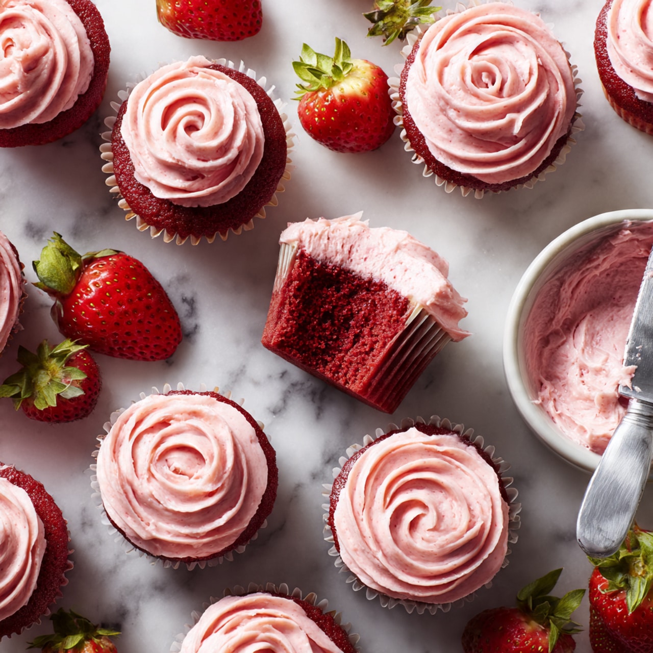 The image shows red velvet cupcakes arranged on a white marbled surface. Each cupcake has a deep red base with light pink frosting swirled neatly on top, creating a rose-like pattern. One cupcake is open, revealing the moist red texture inside and a thick layer of pink frosting on top. Near the cupcakes, there is a white bowl filled with the same pink frosting and a spreader knife with frosting on it. Bright red strawberries with green leaves add fresh color around the cupcakes. The whole scene is bright and clean with a soft, smooth look. photo taken with an iphone --ar 4:5 --v 7
