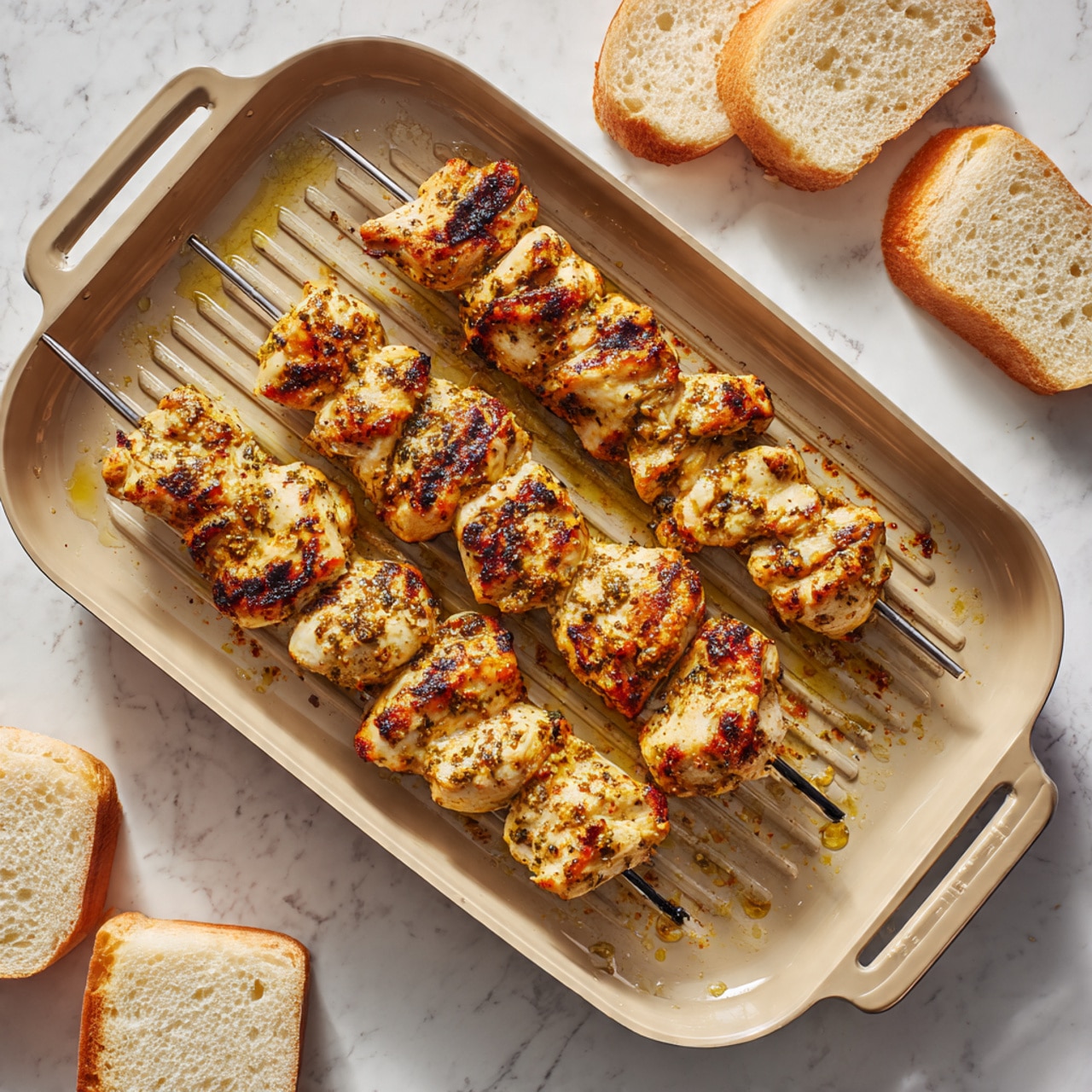 Five skewers of grilled chicken pieces sit in a beige grill pan with visible grill marks and some oil glistening around the meat. Each skewer has multiple pieces of light golden brown chicken with darker charred spots, showing a mix of smooth and slightly textured surfaces. The pan rests on a white marbled tiled surface. Around the pan, there are several small rectangular white sandwich breads with a soft, fluffy texture and light brown crust on top. The scene looks simple and fresh. photo taken with an iphone --ar 4:5 --v 7