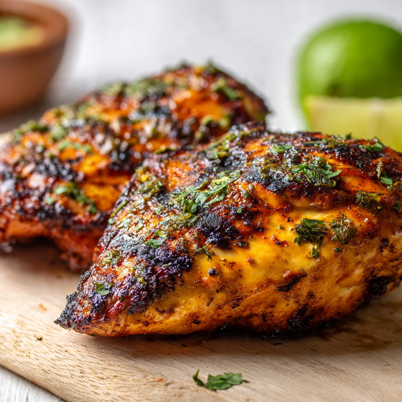 A clear glass bowl is placed on a white marbled surface, surrounded by a beige cloth with red stitching. In the first layer inside the bowl is a pale yellow liquid, likely lemon juice or vinegar. On top of this is a dollop of creamy mustard, beige in color. A woman's hand is shown pouring a golden, smooth olive oil from a white ladle into the bowl, creating a shiny layer on one side. Next, fresh dark green chopped herbs are added, forming a small pile on top of the mustard and liquids. Finally, all ingredients are mixed together, creating a textured blend of green herb bits suspended in a shiny, yellowish liquid with specks of spices. Nearby are fresh parsley, a lime wedge, a small bowl with red pepper flakes, a wooden cutting board, and a salt or pepper grinder. Photo taken with an iphone --ar 4:5 --v 7