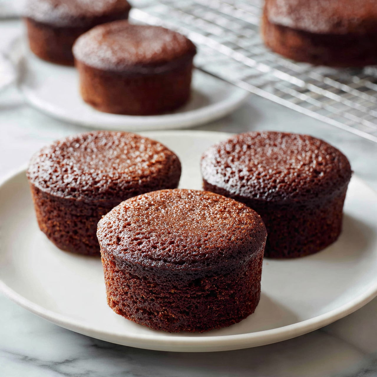 The image shows four small, round chocolate cakes with a moist, soft texture. Each cake is one solid layer with a dark brown color and a slightly rough surface, sitting on a smooth white plate. The plate is placed on a white marbled surface, with a blurred background also showing a cooling rack with another cake. The cakes have a rich, even color with no icing or decoration, giving a simple but delicious look. Photo taken with an iphone --ar 4:5 --v 7