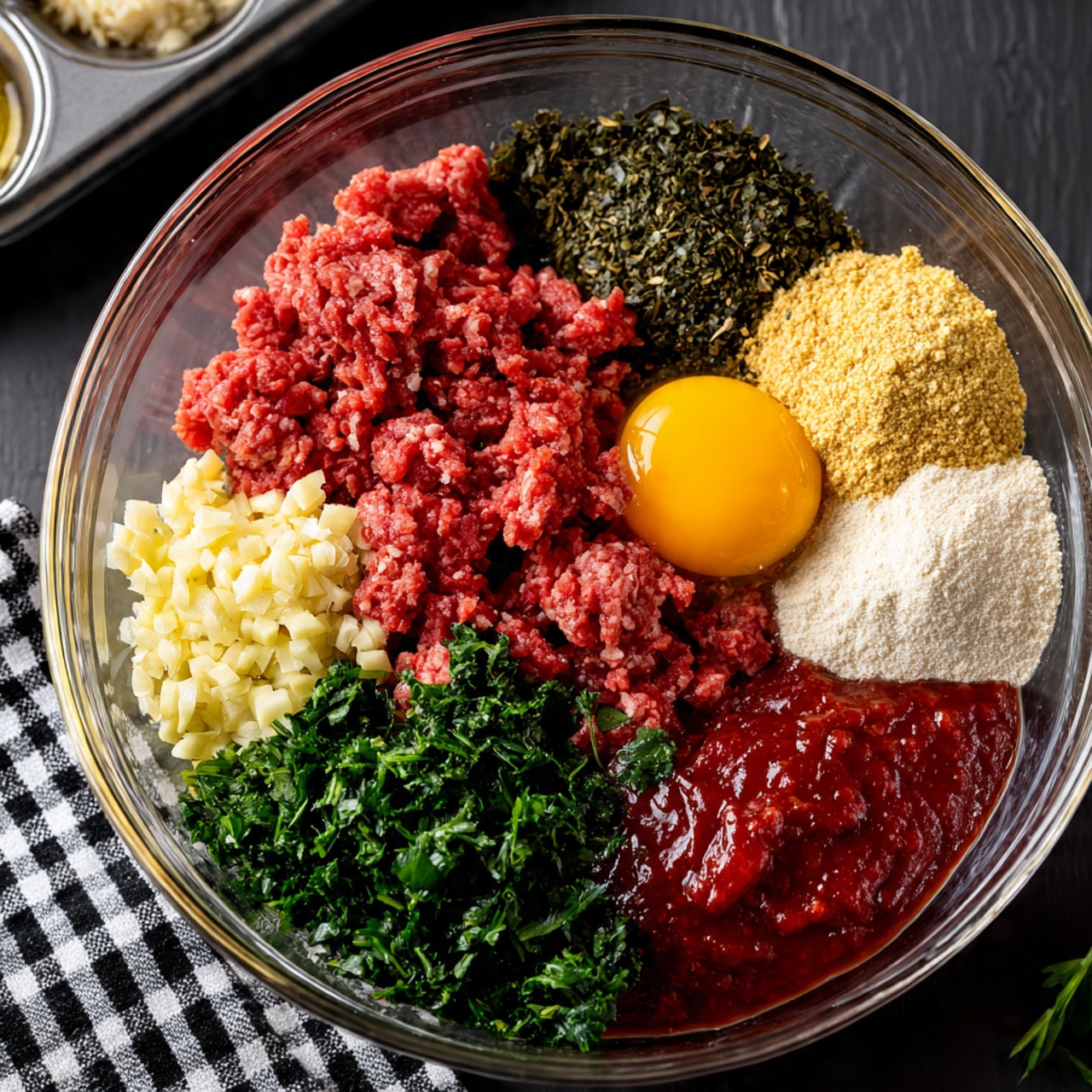 A metal muffin tray holds twelve round portions of a reddish-brown mixture with visible small chunks of green herbs and pale ingredients. Each portion is pressed flat inside its tray cup and topped with a small, smooth, pale yellow square of butter placed in the center. The tray sits on a white marbled surface, and a black and white checkered cloth is partially visible in the bottom right corner. The lighting highlights the texture of the mixture and the soft sheen of the butter. Photo taken with an iphone --ar 4:5 --v 7