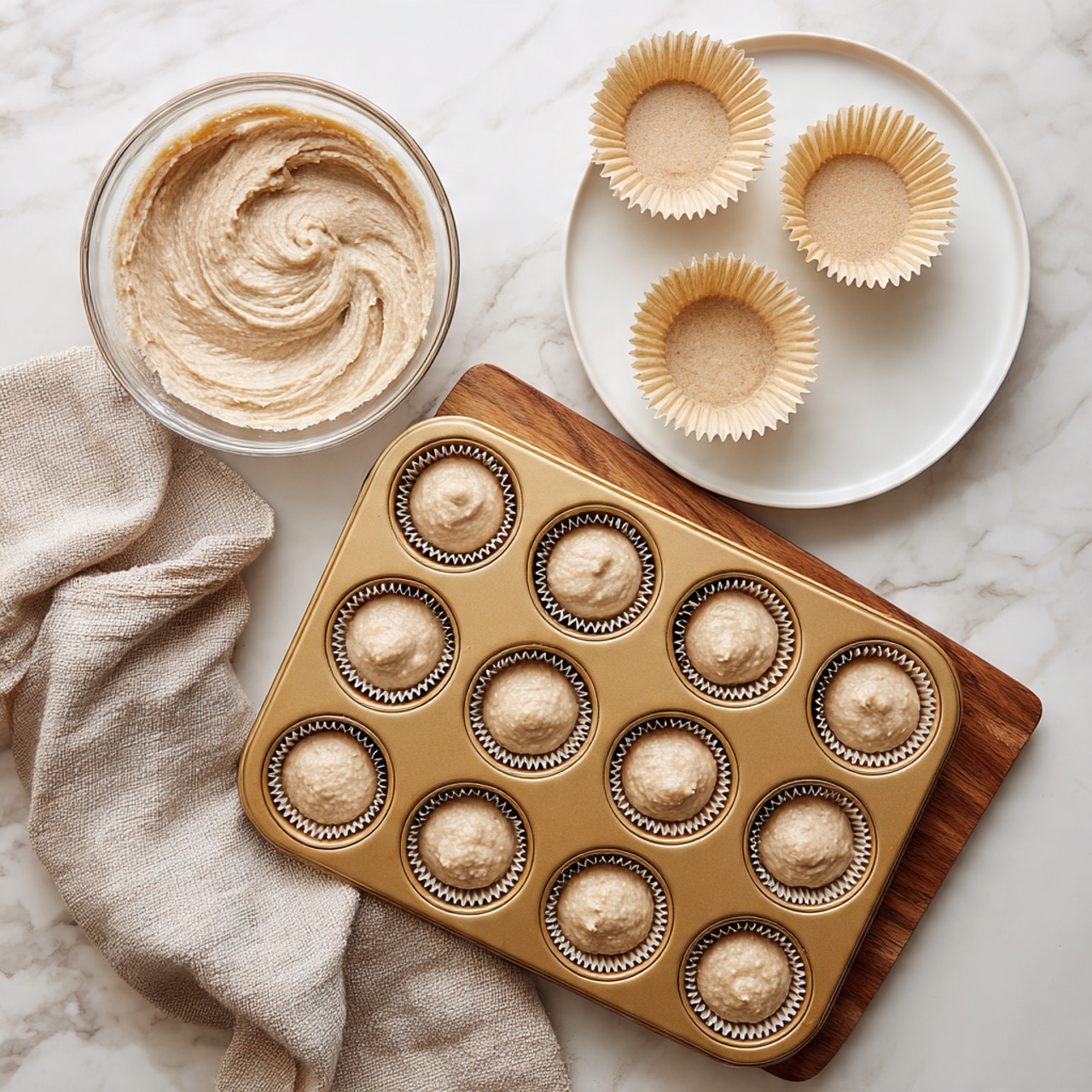 A gold muffin tray holds twelve cupcake liners filled with light brown batter, each filled with smooth, slightly textured mixture that forms small mounds just above the liner edges. To the upper left, a clear bowl contains more of the same batter with a swirled surface, while on the upper right, a white plate on a wooden board holds additional empty cupcake liners. A soft, textured beige cloth is draped casually at the bottom left, all set on a white marbled surface. photo taken with an iphone --ar 4:5 --v 7