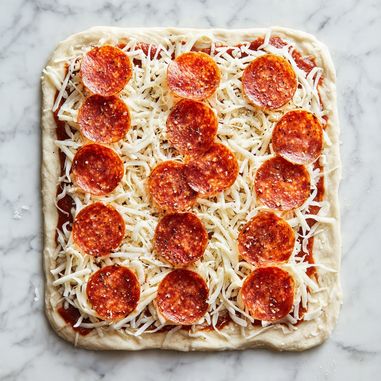 Nine pieces of uncooked roll dough are arranged in three rows on a light beige surface. Each piece is a thick slice of a spiral roll with multiple layers: the outer layer is smooth and white dough, then a thin spread of reddish sauce, followed by a light pink meat layer, and some shredded pale cheese inside the spiral. The texture of the dough looks soft and slightly puffy. The pieces vary slightly in shape but all show the spiral of layers clearly. The background is a white marbled surface with soft lighting. photo taken with an iphone --ar 4:5 --v 7