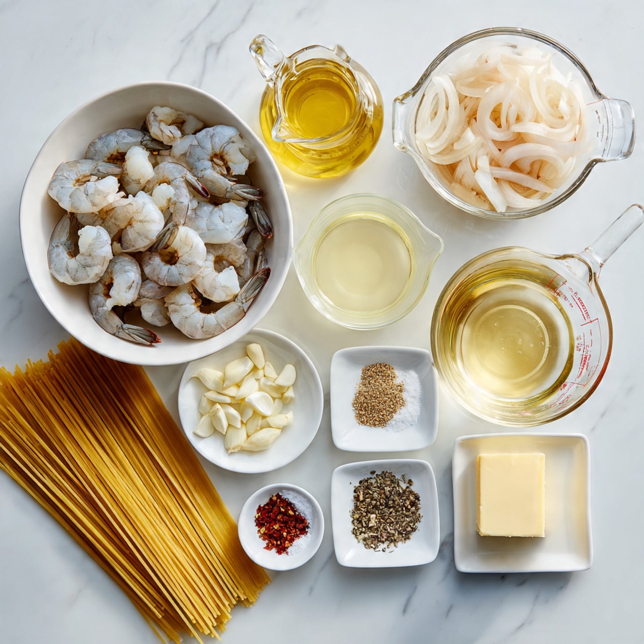 The image shows a silver pan filled with cooked shrimp that are orange and slightly browned with seasoning, resting on a white marbled surface. The shrimp are arranged in one layer, with some pieces turned and crisped at the edges. The pan has two metal handles and a shiny interior that reflects some of the shrimp and seasoning bits. There are small herbs and spices sprinkled over the shrimp, adding texture and color contrast. Photo taken with an iphone --ar 4:5 --v 7