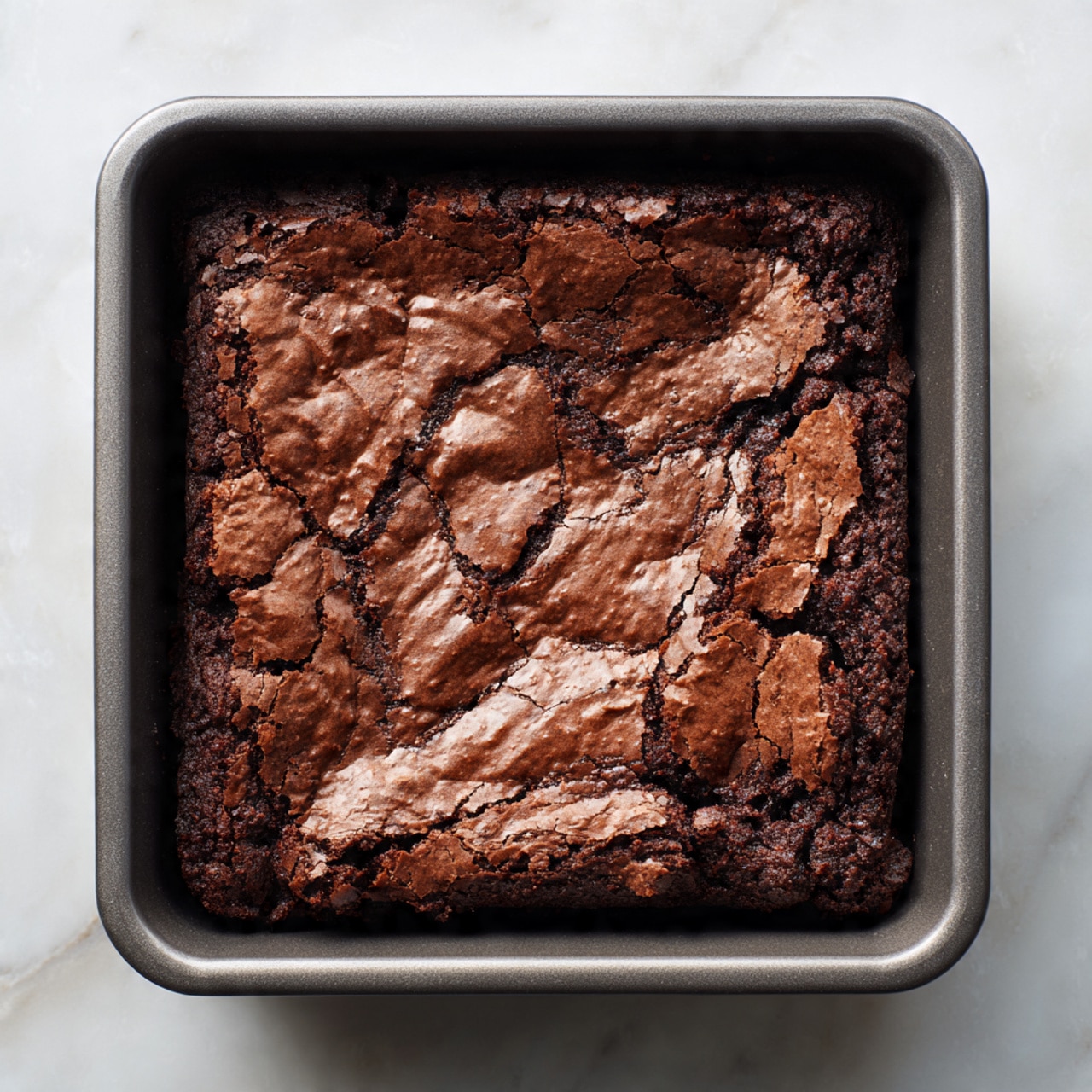 A square, light gray baking pan filled with a single thick layer of dark brown baked chocolate brownie. The surface of the brownie looks rough and textured with small uneven bumps, giving it a rich and dense appearance. The pan is placed on a white marbled surface. photo taken with an iphone --ar 4:5 --v 7