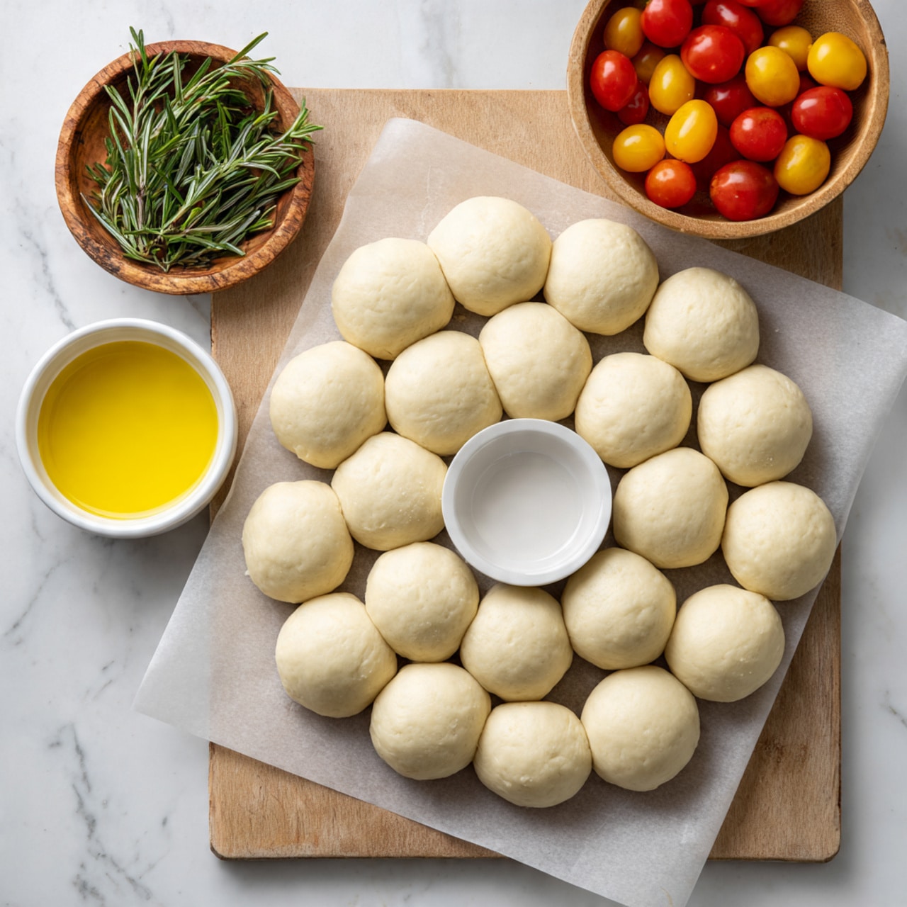 A close-up view shows a ring of 17 smooth, pale dough balls arranged closely on white parchment paper over a round baking tray, sitting on a white marbled surface. Eleven dough balls form the outer circle, with six dough balls inside it arranged tightly. Some dough balls in the inner circle are brushed with a shiny, yellow layer of egg wash, while the others remain plain pale dough. A woman's hand holds a white and red pastry brush applying egg wash to one dough ball near the center. A small white bowl, partially filled with egg wash, is placed inside the ring of dough balls. Photo taken with an iphone --ar 4:5 --v 7