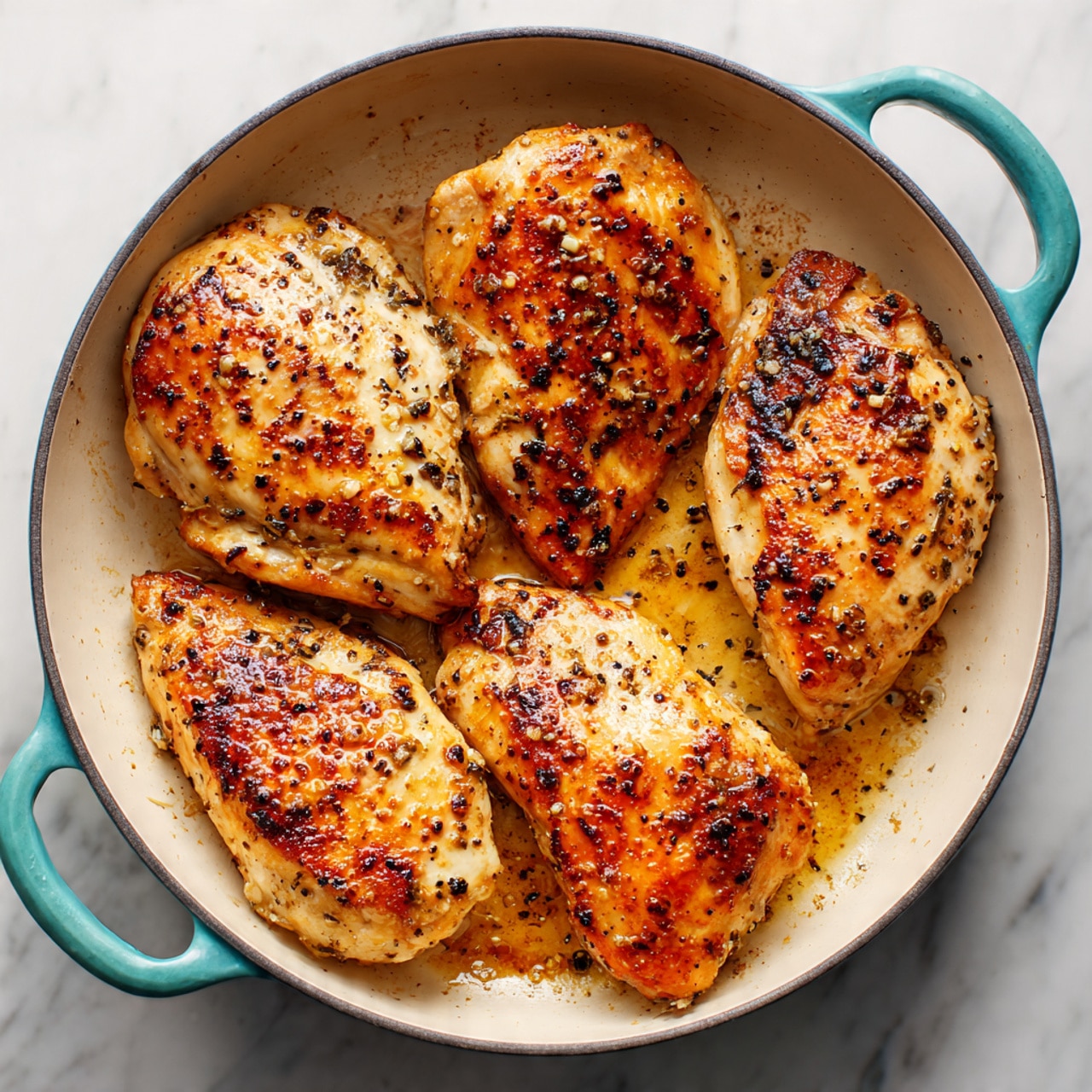 The image shows raw chicken fillets placed on a dark cutting board with a wooden frame at the center left, next to a white bowl filled with purple sliced onions at the top left corner. To the right, there is a clear glass bowl full of red cherry tomatoes cut in halves, and below it a small clear glass container filled with yellow olive oil. Near the bottom center is a clear glass measuring cup with light yellow broth inside. At the bottom left corner is a foil wrapper holding a round, herb-covered white cheese. To the right of the measuring cup are three sprigs of fresh green parsley, and to their right is a small white plate with several spices neatly arranged by color: black, white, red, green, and beige. All items are placed on a white marbled surface. Photo taken with an iphone --ar 4:5 --v 7