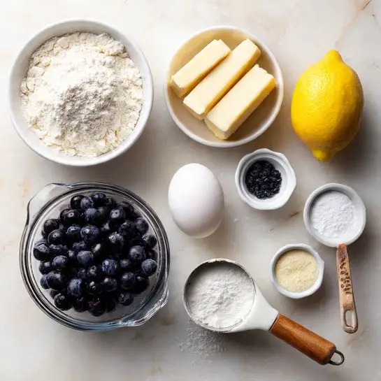The image shows a white marbled surface with various baking ingredients neatly arranged. At the bottom center is a clear measuring cup filled with dark purple blueberries. Above the blueberries and slightly to the right is a single white egg. Surrounding the egg are small white bowls and metal measuring spoons holding white powders like flour, baking powder, and salt. To the left of the egg is a larger white bowl filled with white sugar. Toward the top center are two sticks of pale yellow butter placed side by side, and a bright yellow lemon is positioned to their right. On the left and right edges are wooden-handled measuring cups filled with white sugar and another white powder. photo taken with an iphone --ar 4:5 --v 7