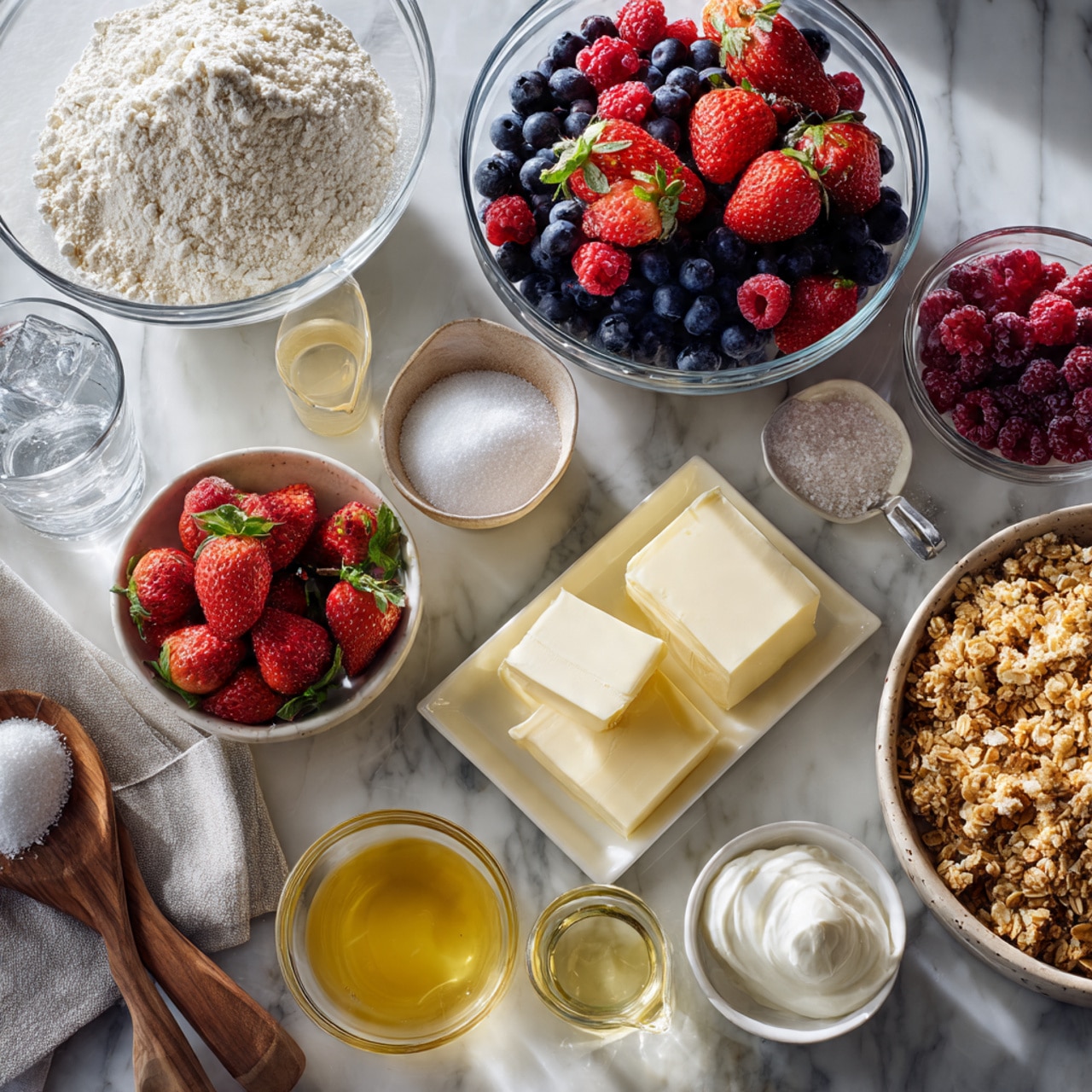 The image shows a close-up of a single large round layer of light beige dough with a smooth texture, placed on a white marbled surface. On top of the dough, there is a generous pile of mixed berries and granola centered in the middle, forming one thick layer. The berries include dark purple blackberries, bright red raspberries, and deep blue blueberries, all fresh and shiny. Interspersed among the berries, there are small clusters of golden-brown granola with visible oats and seeds, adding a rough texture. The colors of the berries contrast with the pale dough underneath, and there are slight red juices lightly staining the dough around the pile. photo taken with an iphone --ar 4:5 --v 7