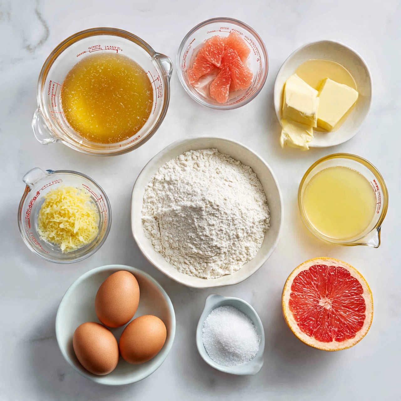 Nine square lemon bars are arranged in a 3x3 grid on parchment paper, each bar dusted with a layer of white powdered sugar, creating a soft snowy effect. The bars have a golden-yellow top layer with a slightly glossy texture, and a thicker, paler yellow bottom crust layer. Three of the bars have thin, triangular lemon slices placed on top for decoration. Surrounding the grid are slices of citrus fruits: two yellow lemon halves on the top left and two pink grapefruit halves on the top right and bottom right edges of the parchment. The entire setup sits on a white marbled surface with additional powdered sugar scattered around. photo taken with an iphone --ar 4:5 --v 7