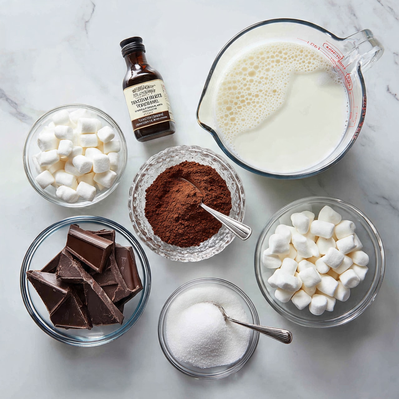 A woman's hand pours small white marshmallows from a clear, cut-glass bowl into a silver saucepan that already has some melted or browning bits inside. The saucepan is shown from above on a white marbled surface, with a clean and simple background. The marshmallows are fluffy and bright white, contrasting with the darker contents of the pan. Photo taken with an iphone --ar 4:5 --v 7