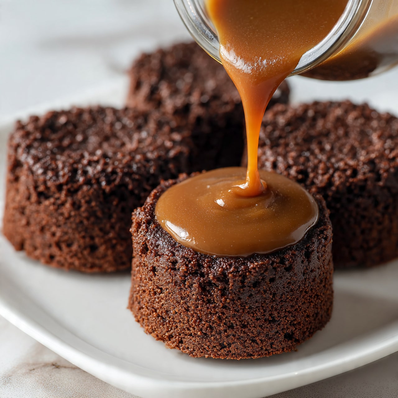 The image shows four small round chocolate cakes with a rough texture on top of a white plate, arranged with one cake in the front center and the other three around it. A thick, smooth caramel sauce is being poured from a clear container onto the top of the front cake, creating a shiny, rich brown layer that is spreading across the flat surface. The background is a white marbled texture, adding a clean and bright look to the setting. photo taken with an iphone --ar 4:5 --v 7