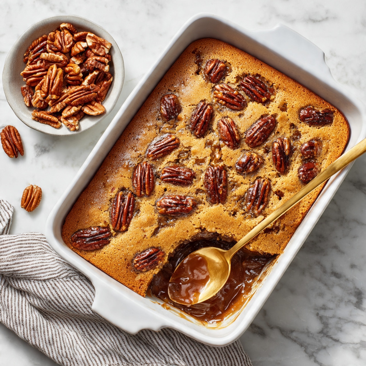 The image shows a close-up of a dessert slice on a white plate with a white marbled surface background. The bottom layer is a golden brown, slightly crumbly cake with visible pecan nuts embedded in it, giving a textured look. On top of the slice, there is a smooth, round scoop of white ice cream. Drizzled over the ice cream and cake is a glossy caramel sauce, pooling slightly around the pecans. Several whole pecan halves are placed both on the cake and on the ice cream, adding a rich brown color and a crunchy texture contrast. A silver fork is placed on the right side of the plate. In the blurred background, another serving of the dessert can be seen. photo taken with an iphone --ar 4:5 --v 7
