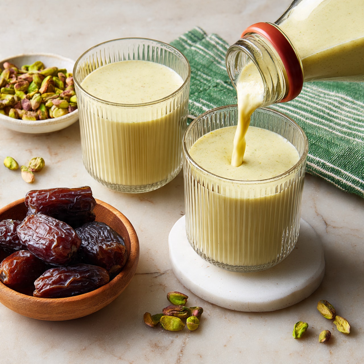 The image shows two clear ribbed glasses filled with a creamy light green drink, placed on small white round coasters on a beige textured surface. Behind the glasses is a tall, ribbed glass bottle filled with the same drink. To the left, there is a white plate with some dates, and to the right, a small brown bowl filled with pistachios. Some loose pistachios are scattered around the glasses. In the background, there is a folded light green cloth. The setting is bright with soft natural light, and the overall look is fresh and inviting. photo taken with an iphone --ar 4:5 --v 7