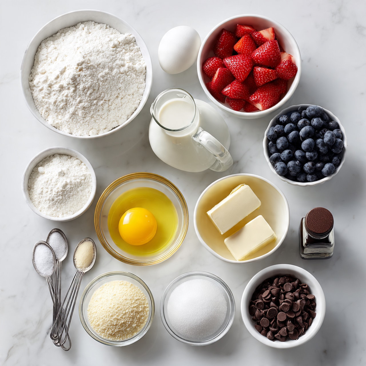 The image shows a white marbled surface with several small bowls and glass containers arranged neatly, each holding different ingredients. There is a bowl filled with white flour at the top left, a white bowl with chopped red strawberries at the top right, and a white bowl with dark blueberries below the flour. A small clear glass jug contains white milk in the center, next to a bottle of vanilla extract on the right. Below the milk is a clear glass bowl with one white egg, and to the right of it is a small bowl of melted yellow butter. At the bottom left are three measuring spoons with white and beige powders, and at the bottom right is a white bowl filled with small dark chocolate chips. The photo is taken with an iphone --ar 4:5 --v 7