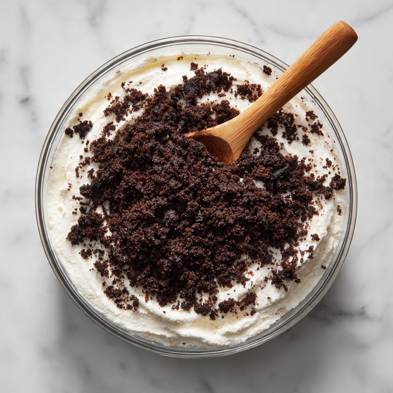 A clear glass bowl sits on a white marbled texture with a thick white creamy layer inside, topped with a heap of dark brown, crushed cookie pieces, with a wooden spoon standing upright in the bowl. The creamy layer looks smooth and soft, while the cookie crumbs are coarse and uneven, adding texture contrast. photo taken with an iphone --ar 4:5 --v 7