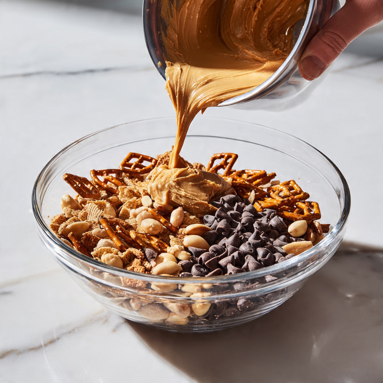 The image shows a wooden board placed on a white marbled surface, holding several ingredients arranged neatly. At the top left are whole almonds with a light brown color, next to them a silver scoop filled with pale beige oats spilling onto the board. Below the almonds is a small clear glass bowl filled with smooth light brown peanut butter. Next to the peanut butter, there is a small clear glass bowl filled with dark brown chocolate chips. On the right side of the oats, a silver spoon holds small, black chia seeds with some seeds spilled onto the board. Below, at the bottom, there are several golden-brown twisted pretzels scattered on the white marbled surface and slightly on the board. Lastly, a clear glass bowl filled with golden honey is placed near the pretzels. Photo taken with an iphone --ar 4:5 --v 7