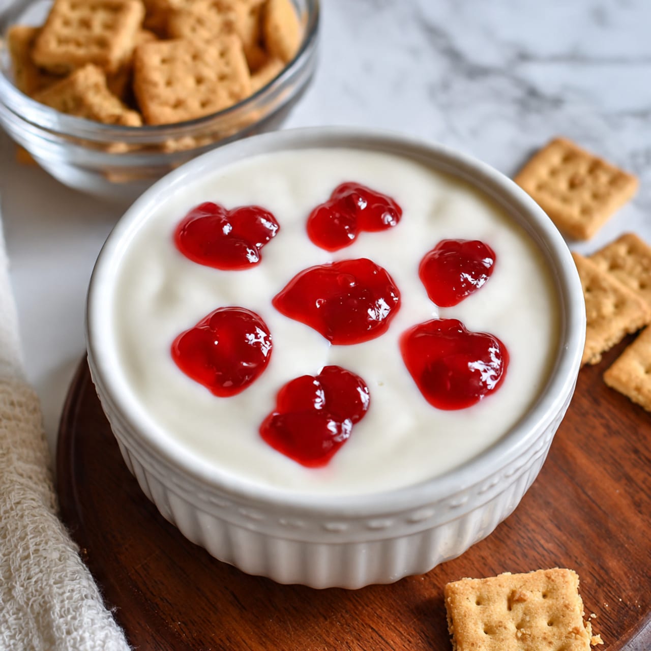A white bowl filled with a smooth, creamy white yogurt base with small black specks visible throughout, topped with several dollops of bright red jam spaced evenly across the surface; the bowl is placed on a wooden table next to a glass bowl filled with tan crackers, and a textured white cloth is visible in the background, all set on a white marbled surface photo taken with an iphone --ar 4:5 --v 7
