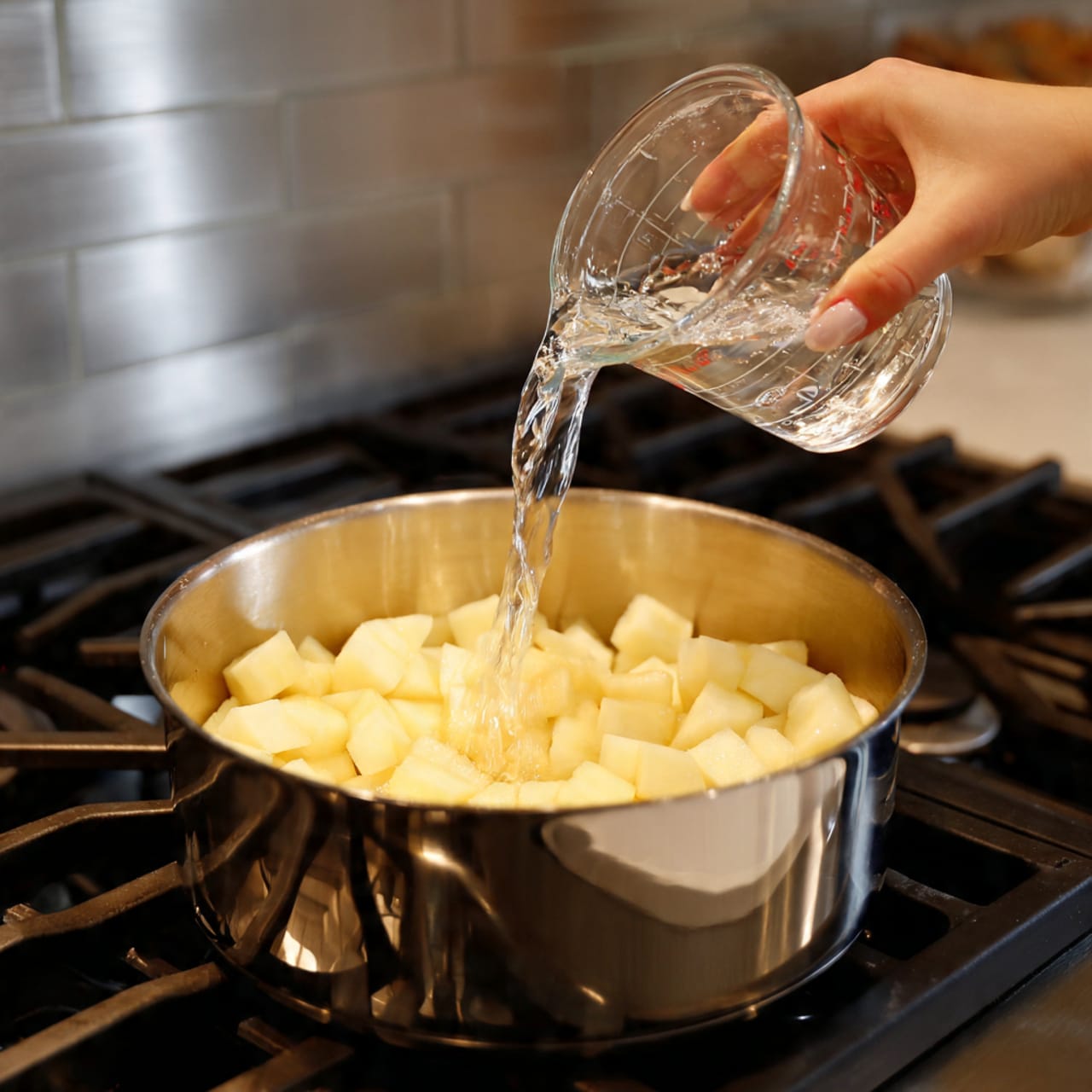 A metal pot sits on a black stovetop, filled with chopped light yellow pieces that look like diced fruit or vegetables. A woman's hand is pouring clear water from a transparent measuring cup into the pot. The background shows the stove's metal backsplash. The scene focuses closely on the pot and pouring action with clear lighting highlighting the textures of the diced pieces and the flowing water photo taken with an iphone --ar 4:5 --v 7