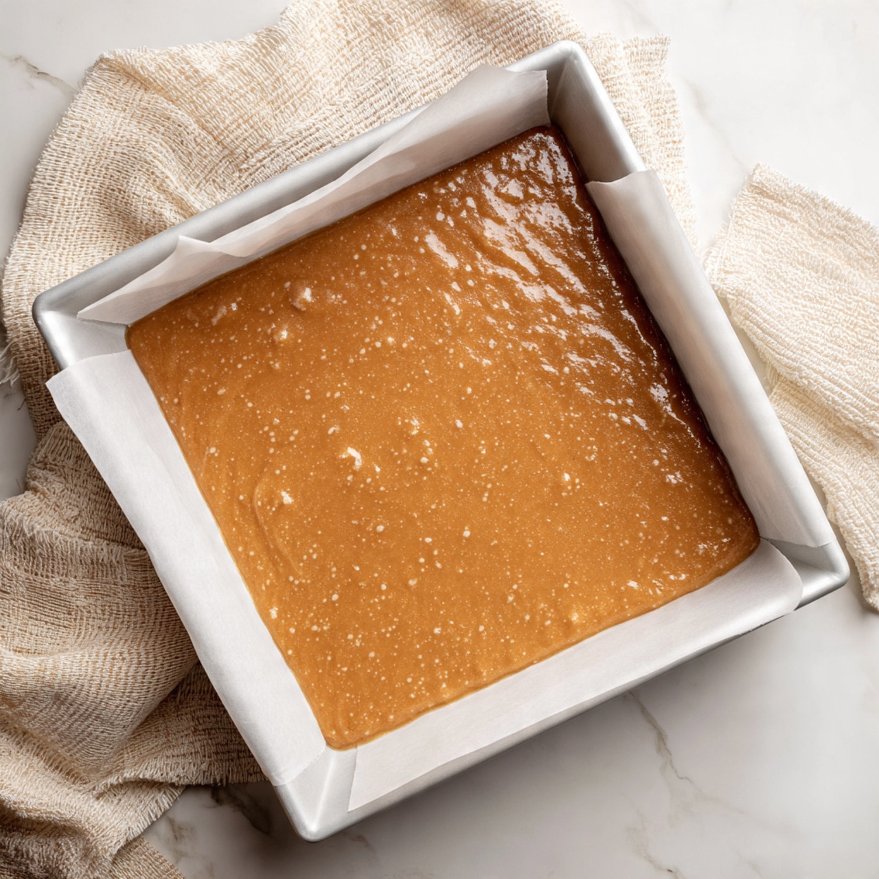 The image shows several clear glass bowls and two brown eggs arranged on a white marbled surface. There is a bowl with white flour at the top, next to it on the right is a bowl filled with light brown sugar. Below the flour is a bowl of dark liquid, likely molasses, followed by a small bowl of white salt. The two whole brown eggs sit to the right of these bowls. Further down is a bowl with golden honey, surrounded by smaller bowls containing brown spices including cinnamon, ground ginger, and another dark spice. A square block of pale yellow butter lies near the bottom center. The ingredients are neatly placed and well-lit, giving a clean and organized look photo taken with an iphone --ar 4:5 --v 7