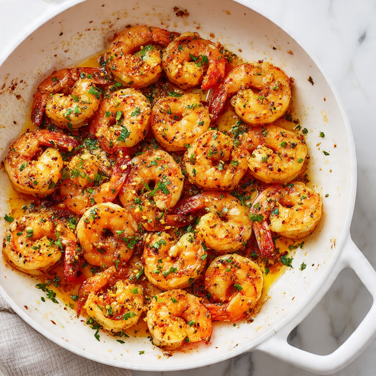 The image shows several ingredients arranged neatly on a white marbled surface. In the top left is a white bowl filled with raw shrimp, light gray with brownish tails. To its right is a small glass pitcher with light yellow oil, and next to it is a glass bowl filled with thinly sliced pale pink shallots. Below is a large measuring cup with clear, light golden liquid, and next to it a small clear bowl with a pale yellow liquid. To the left, there is a white bowl holding thinly sliced garlic cloves. Nearby is a small white plate with various spices, including black pepper, salt, red chili flakes, and red paprika. A small glass bowl with a square of pale yellow butter sits closer to the bottom left corner. Lastly, a bunch of dry uncooked spaghetti noodles sticks out of a blue and yellow pasta box lying open on the surface. The photo taken with an iphone --ar 4:5 --v 7