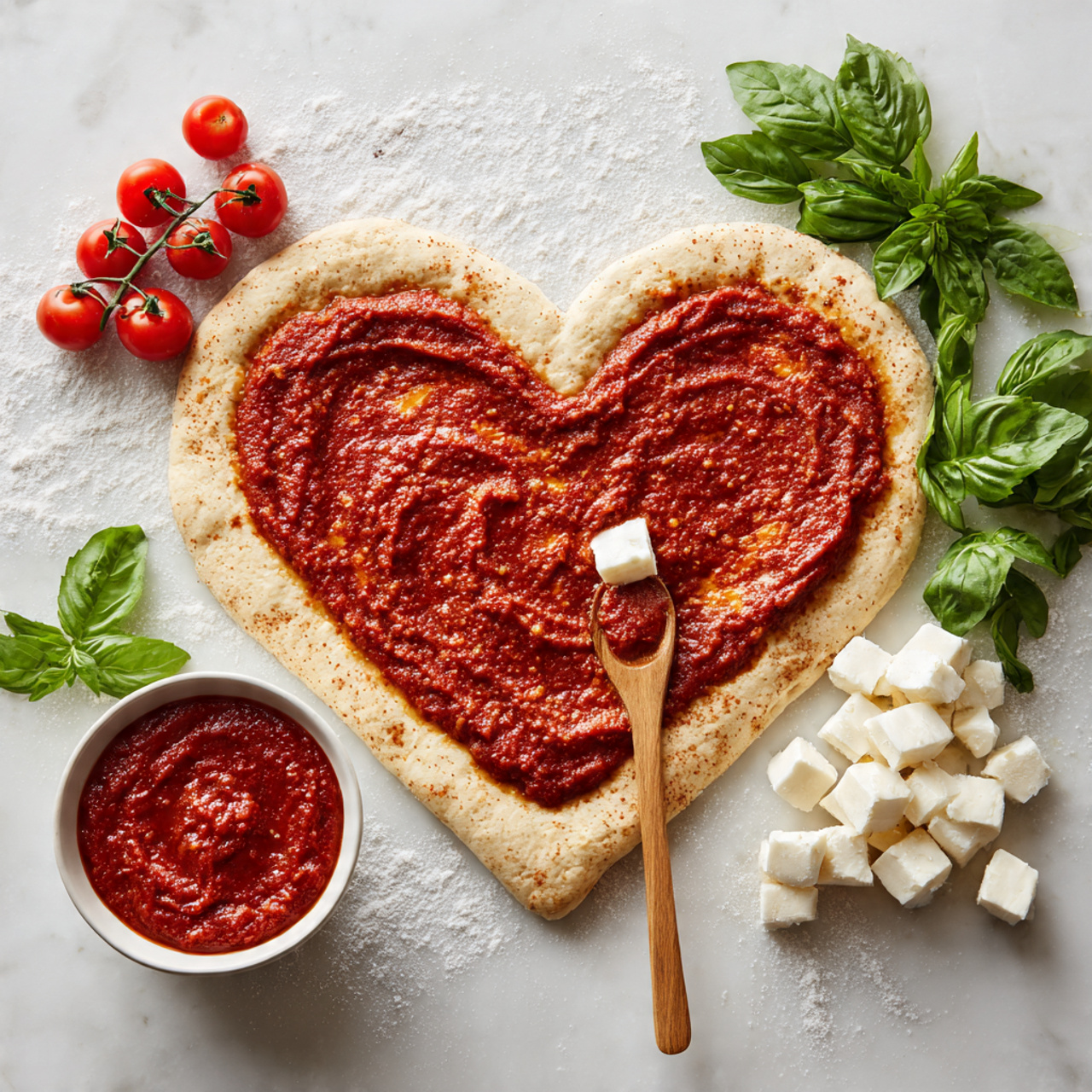 A heart-shaped pizza dough lays flat on a white marbled surface covered lightly with flour. The dough is pale with darker herbs visible in it. The top of the dough is spread evenly with a vibrant red tomato sauce that has a smooth but thick texture, applied with a wooden spoon resting on the edge of the dough. Around the pizza dough are fresh green basil leaves, small bright red cherry tomatoes on the vine, a small pile of white mozzarella cheese cubes, and a white bowl filled with extra tomato sauce. photo taken with an iphone --ar 4:5 --v 7