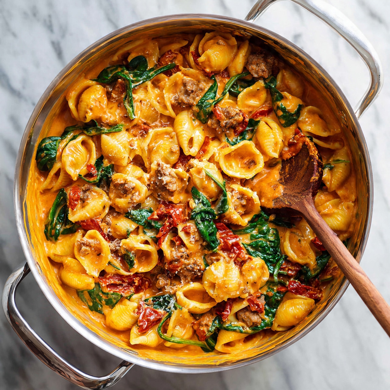 This image shows a white bowl filled with three layers of food. The bottom layer is shell-shaped pasta in light yellow color, mixed with green spinach leaves and small red bits, all covered slightly by an orange creamy sauce. The middle layer includes pieces of small cooked meat with a brownish tone, spread evenly among the pasta and spinach. The top layer is a pile of thinly shredded white cheese placed on one side of the bowl. A gold-colored fork is lifting a twisted pasta shell near the edge of the bowl. The background is a white marble texture. Photo taken with an iphone --ar 4:5 --v 7