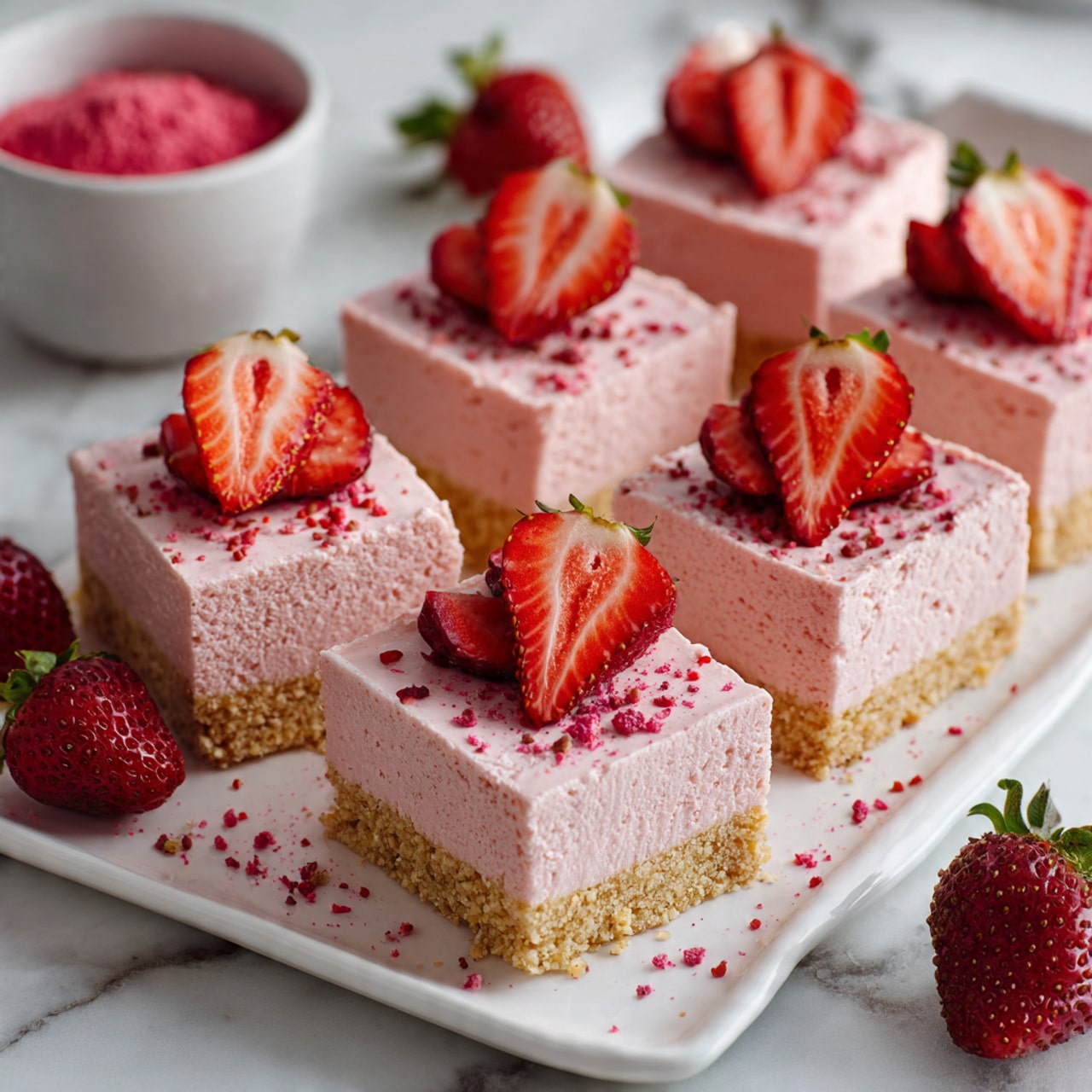 The image shows a group of nine square pink strawberry mousse cakes arranged closely on a white rectangular plate, which sits on a white marbled surface. Each cake has two layers: a thick, smooth, and creamy light pink mousse layer on top and a thin, crumbly beige crust layer at the bottom. On top of each mousse square, there are three fresh, bright red strawberry slices layered neatly, along with small red powder sprinkles scattered over the mousse. Around the plate, whole strawberries with green leaves add a fresh touch. A small white bowl filled with red powder is visible in the background. Photo taken with an iphone --ar 4:5 --v 7