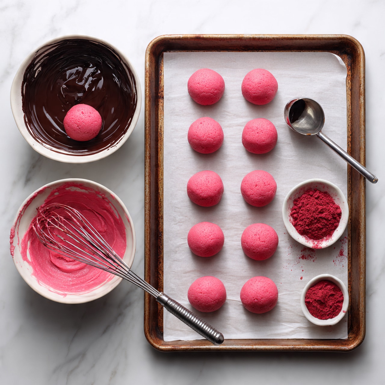 The image shows several round chocolate truffles arranged closely on a white marbled surface. Each truffle has a smooth dark chocolate outer layer with dark chocolate drizzle on top, adding fine ridged texture. Bright red, crushed berry powder is sprinkled lightly over the chocolate shells, giving a vibrant contrast. One truffle is cut open and placed on top, revealing a dense, smooth pink filling inside with a slightly firm texture and a few darker spots. The chocolate coating has a thin, clean edge around the cut truffle. The overall look is rich, colorful, and inviting. Photo taken with an iphone --ar 4:5 --v 7