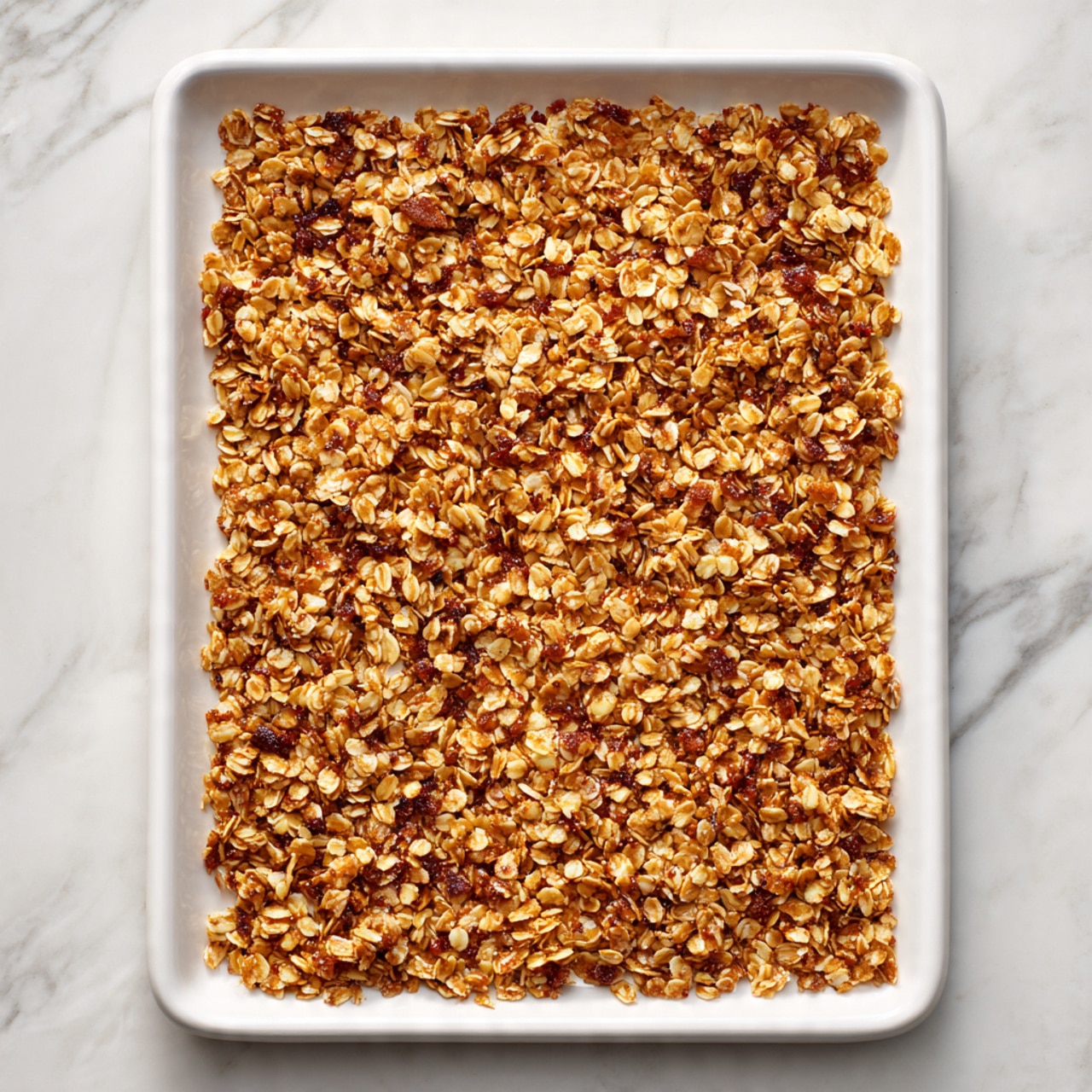The image shows a white rectangular tray filled with a single thin layer of roasted granola spread evenly across the surface. The granola is golden brown with some darker toasted bits scattered throughout, showing a crunchy texture made of small oats clumps. The tray is placed on a white marbled background, which adds contrast to the warm tones of the granola. photo taken with an iphone --ar 4:5 --v 7