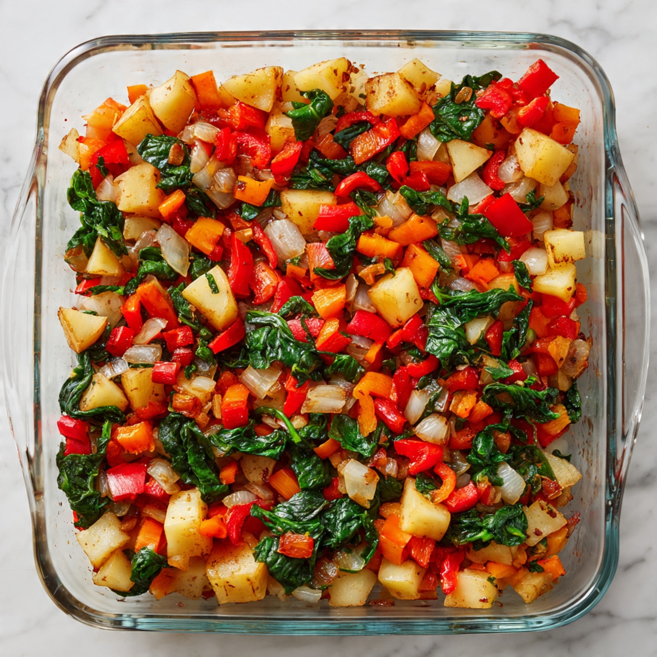 A close-up view of a baked egg dish cut into nine square pieces in a clear glass baking dish. The top layer is golden brown melted cheese with spots of darker crispiness. Underneath the cheese, bright red bell pepper chunks and dark green spinach leaves are visible, mixed into a creamy egg layer with a soft, slightly fluffy texture. The edges show a bit of bubbling and caramelization from baking. The dish rests on a white marbled surface. photo taken with an iphone --ar 4:5 --v 7