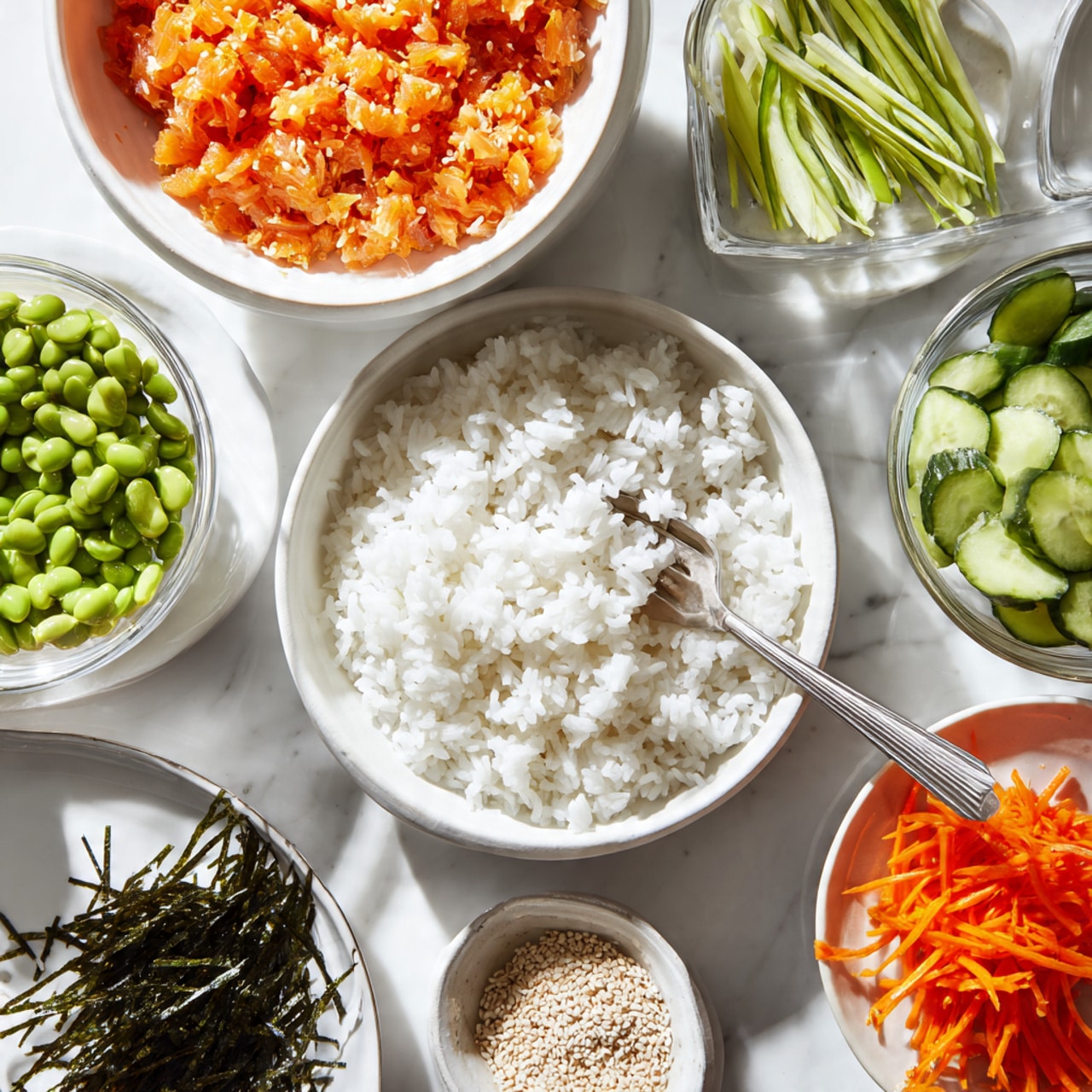 The image shows several white bowls and plates arranged on a white marbled surface, each holding different ingredients for making a dish. At the bottom center is a white bowl filled with white rice, with a fork resting inside. Above it, another white bowl is also filled with white rice. To the left, a white bowl contains an orange creamy mixture with a spoon in it. Below this bowl, thin black seaweed strips are spread on a white dish. Scattered around are smaller bowls holding sliced green onions, bright green edamame beans, white sesame seeds in a dark small bowl, and a white dish with bright orange thin carrot strips. On the right, another bowl contains thin, pale green cucumber sticks. Everything is placed neatly with clear bright lighting. Photo taken with an iphone --ar 4:5 --v 7