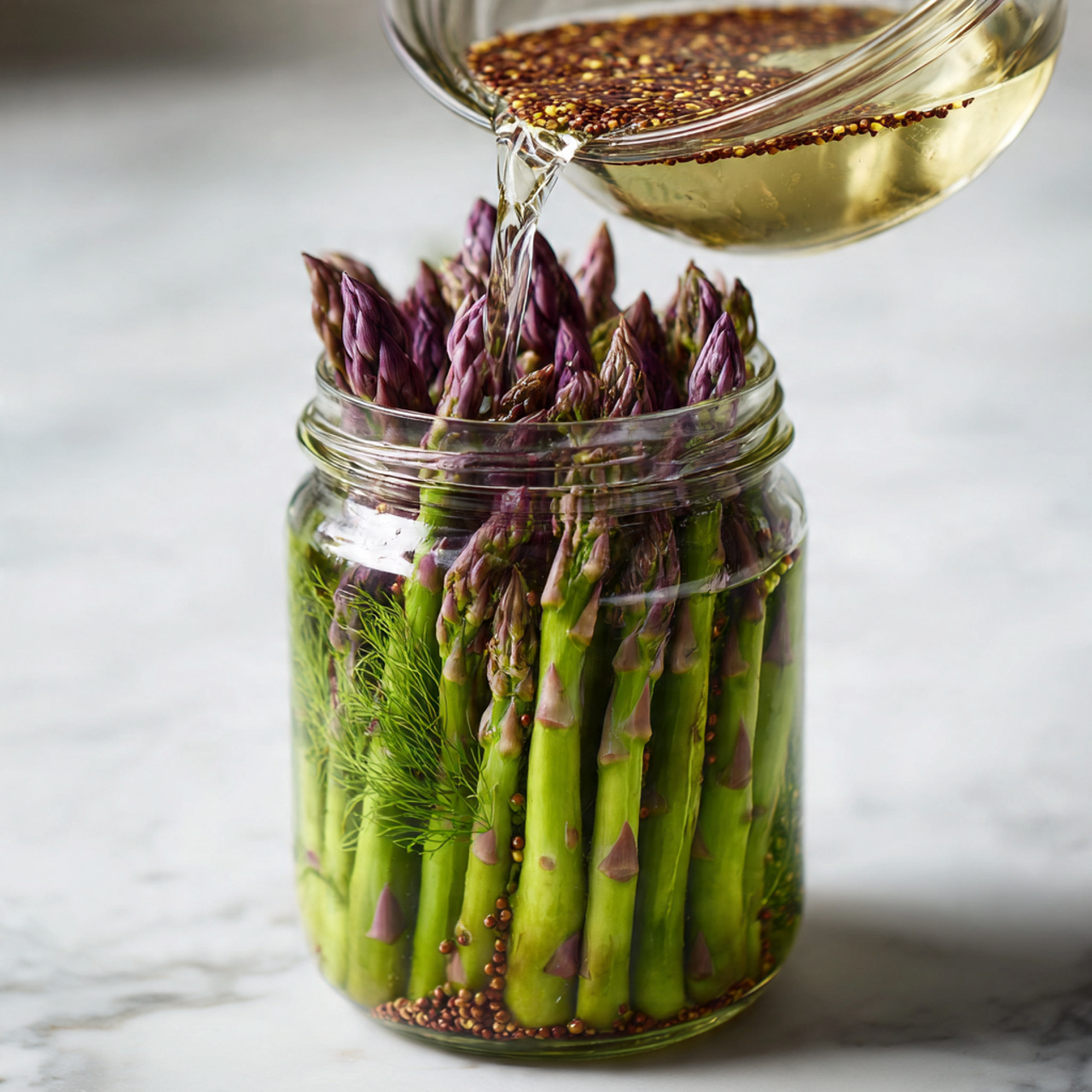 Pickled Asparagus Recipe 5 A clear glass jar filled with whole green asparagus spears standing upright, with purple tips at the top and fresh green dill sprigs at the bottom. A shiny metal pot is tilted above the jar, pouring clear liquid with floating yellow mustard seeds and brown spice seeds into the jar. The jar is placed on a white marbled surface, creating a clean and bright kitchen feel. Photo taken with an iphone --ar 4:5 --v 7