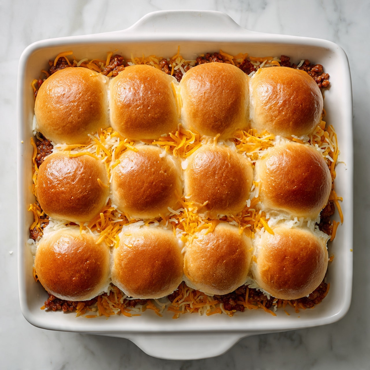 A white pan filled with thick reddish-brown meat sauce with small pieces of meat and finely chopped onions mixed in; the sauce has a glossy, wet texture and is spread evenly with some areas showing a richer, deeper red color; a wooden spoon with a slightly darker handle is stirring the sauce, held by a woman's hand at the bottom left corner; the pan rests on a white marbled surface. photo taken with an iphone --ar 4:5 --v 7