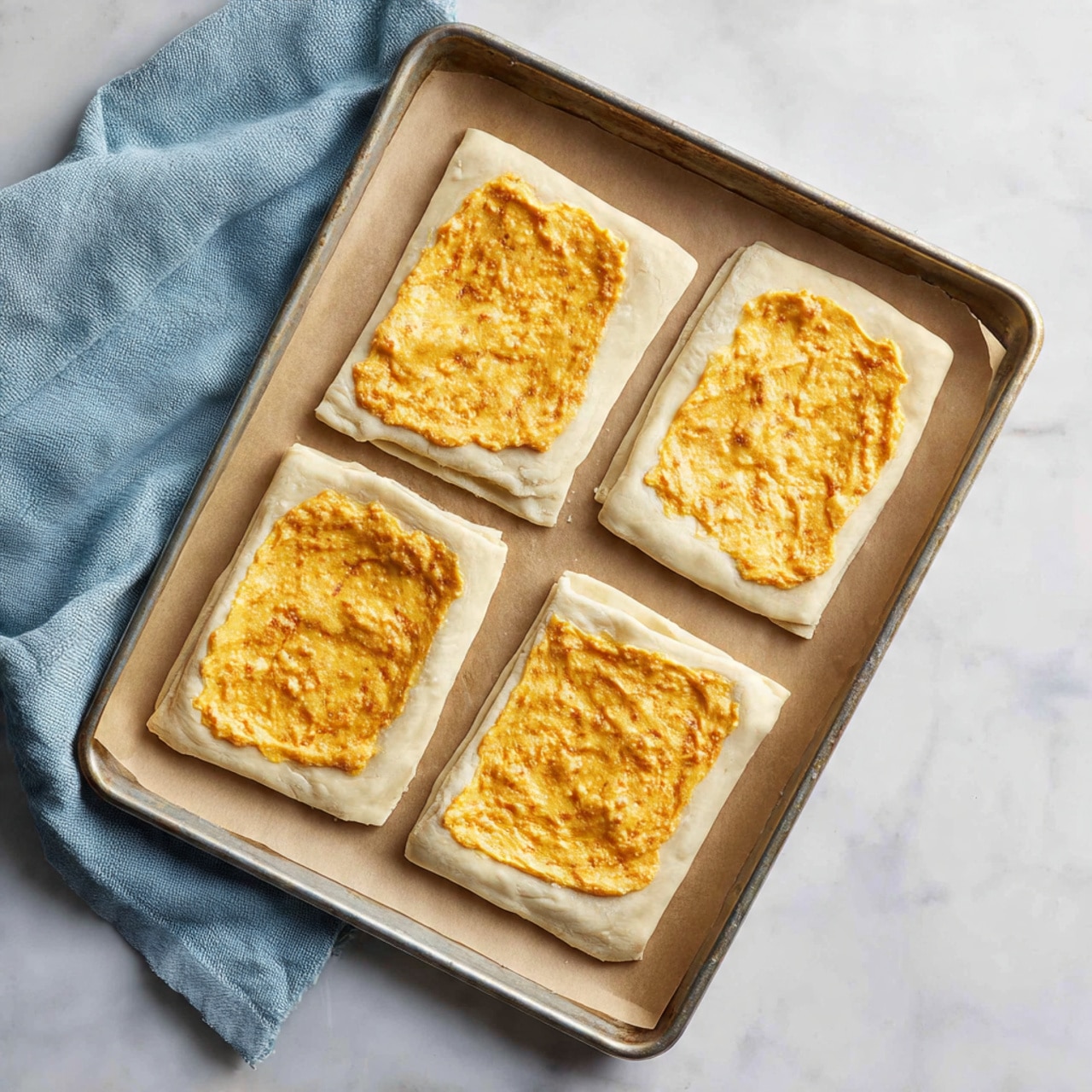 The image shows several golden-brown baked pastries with a rounded triangular shape placed on a beige sheet. Each pastry has a smooth, slightly textured top layer with a light golden color and is drizzled with white icing in thin, uneven lines across the surface. Scattered on top of the icing are thin slices of almonds adding texture and contrast with their pale tan color and darker edges. The pastries appear soft but firm, arranged closely together on the sheet. The background has a soft white marbled texture. photo taken with an iphone --ar 4:5 --v 7