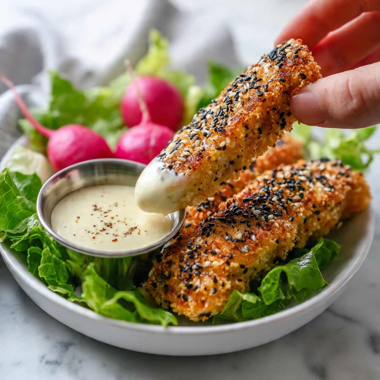 A gray bowl sits on a white marbled surface, filled with bright green lettuce leaves and a single red radish. Two long, crispy strips covered in a mix of black and white seeds rest on the lettuce. A small silver cup of creamy light beige sauce is placed inside the bowl, surrounded by the lettuce. A woman's hand is holding one of the seed-covered strips, dipping it halfway into the sauce. The background is soft and light, with a white cloth slightly blurred behind the bowl. photo taken with an iphone --ar 4:5 --v 7