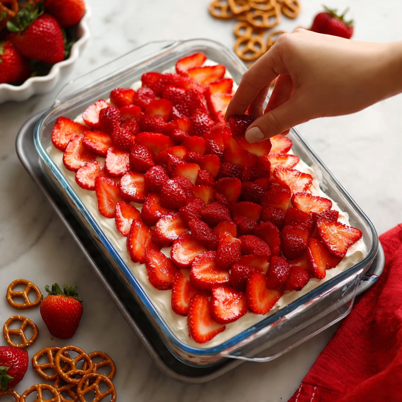 A clear glass mixing bowl holds bright red liquid jelly being whisked by a woman's hand with a metal whisk, small bubbles float on top. To the upper right, a white scalloped bowl is filled with fresh, red strawberries with green leaves, and a few strawberries are scattered on the white marbled surface. A red box of strawberry jelly mix lies nearby on the same white marbled background. photo taken with an iphone --ar 4:5 --v 7