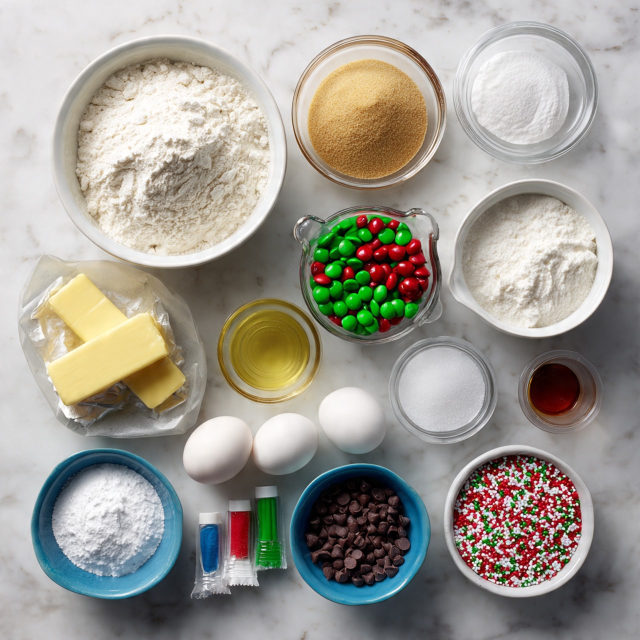 A shiny silver mixing bowl sits on a white marbled surface, filled with thick beige cookie dough. On top of the dough, there are three distinct piles: shiny green and red candy-coated chocolates, small dark brown chocolate chips, and more beige dough visible around the edges. Above the bowl, a small clear glass bowl holds red, green, and white round sprinkles. The scene is bright and clear, showing the colorful candies ready to be mixed into the dough. photo taken with an iphone --ar 4:5 --v 7