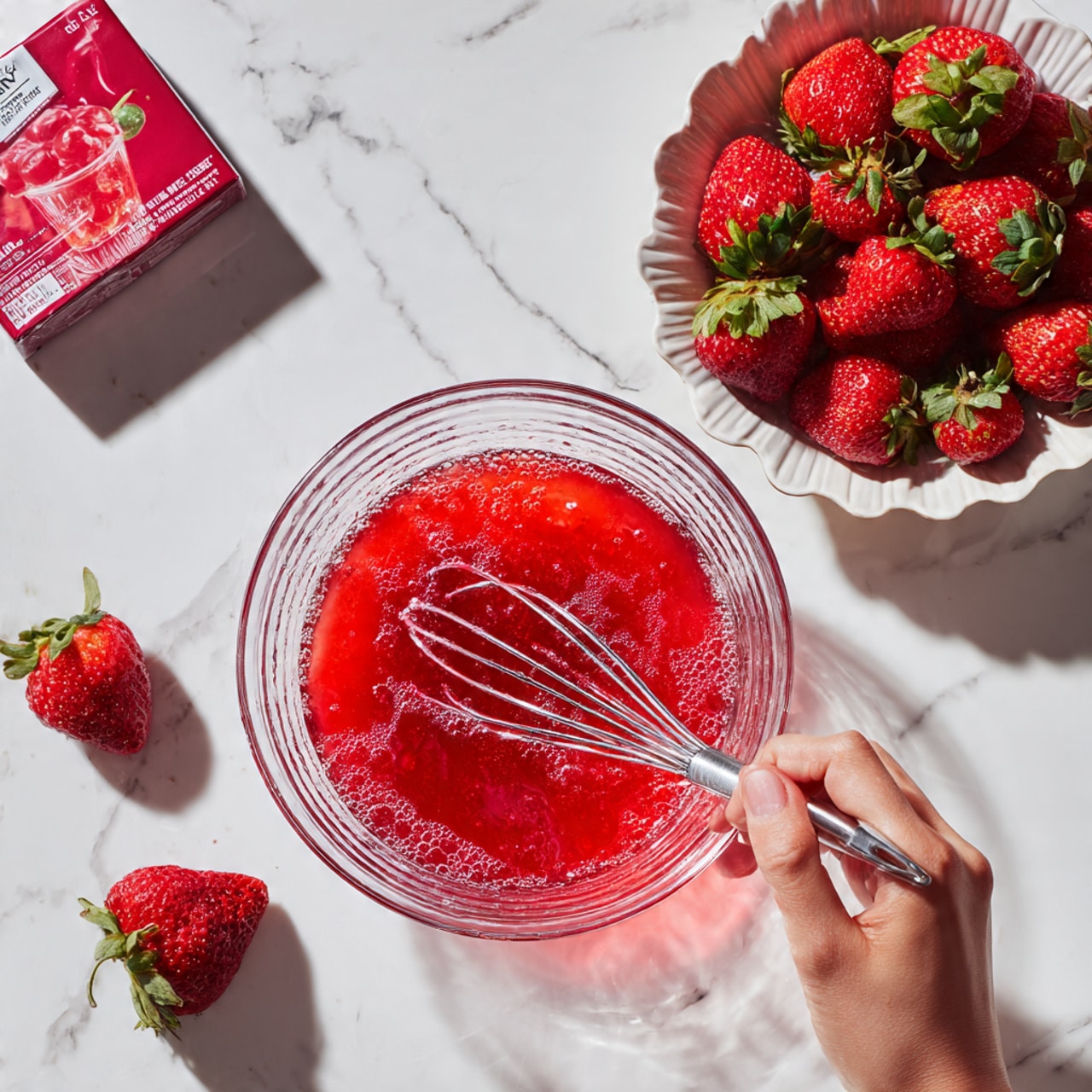 A clear glass rectangular dish is filled with a smooth, white creamy layer at the bottom. On top, there are two rows of sliced bright red strawberries arranged in a neat oval pattern, leaving a white center strip. A woman's hand is shown placing one strawberry slice on the right row. The dish sits inside a gray baking pan, which is set on a white marbled surface. Nearby, whole strawberries are scattered on the surface and in a white scalloped bowl, with a red cloth partially visible on the right. Some small pretzels are placed on the bottom of the white marble. photo taken with an iphone --ar 4:5 --v 7