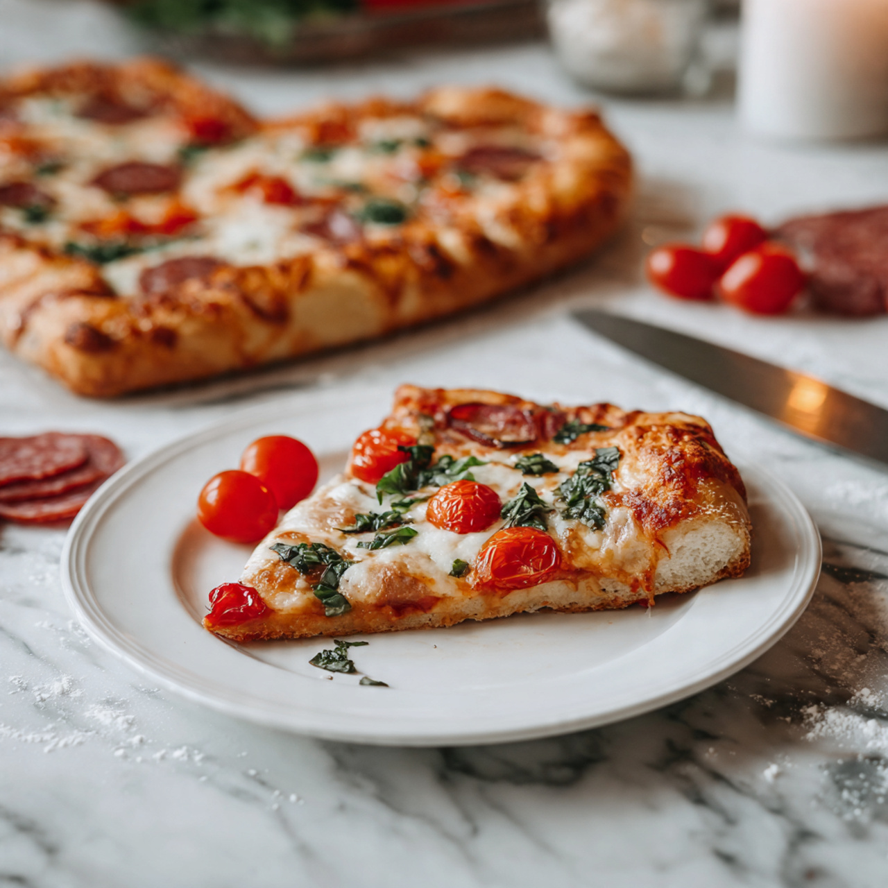 The image shows a slice of pizza on a white plate with a brown rim placed on a white marbled surface dusted with flour. The pizza slice has three main layers: a golden-brown crust, a rich red tomato sauce, and melted white cheese. On top, there are bright red halved cherry tomatoes and fresh green basil leaves scattered evenly. Next to the slice on the plate are three whole cherry tomatoes. In the background, more pizza slices with the same toppings and some slices of reddish-brown cured meat are visible on the white marbled surface. A silver knife lies nearby, and some loose basil leaves are also seen on the surface. Photo taken with an iphone --ar 4:5 --v 7