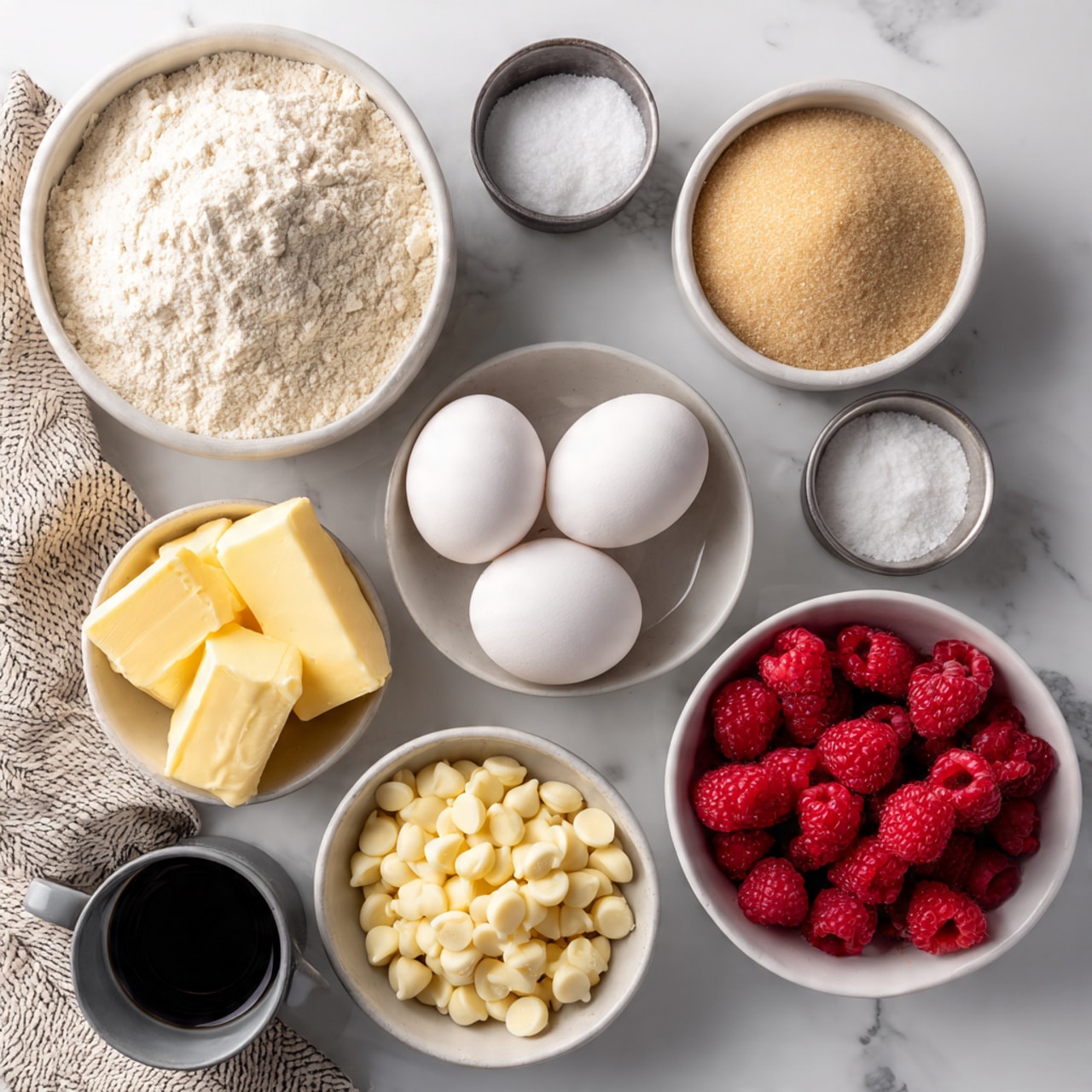 The image shows six round scoops of cookie dough on a baking tray lined with white parchment paper, all evenly spaced. The dough is light beige with visible swirls of red, likely from raspberries, and some white bits that look like white chocolate chips mixed inside. In the top-left corner, there is a small white bowl filled with fresh red raspberries, with a few raspberries scattered beside it. The tray rests on a surface with a white marbled texture, and a beige textured cloth is partly visible at the bottom left corner. Photo taken with an iphone --ar 4:5 --v 7