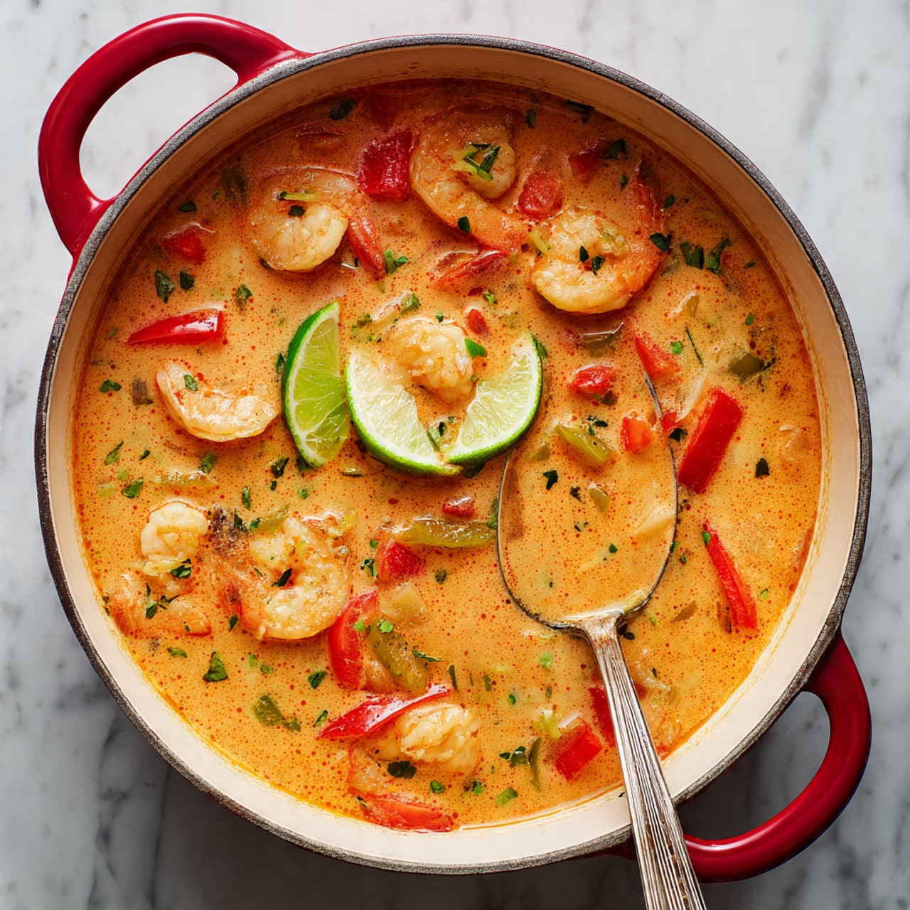 A round white pot with red handles holds a creamy orange soup filled with plump shrimp and chunks of red bell pepper. Small bits of green herbs are scattered throughout the soup, and two thin lime slices float on the surface near the edge of the pot. A shiny silver spoon rests inside the pot, partially submerged in the soup on the right side. The pot is set on a white marbled surface. photo taken with an iphone --ar 4:5 --v 7