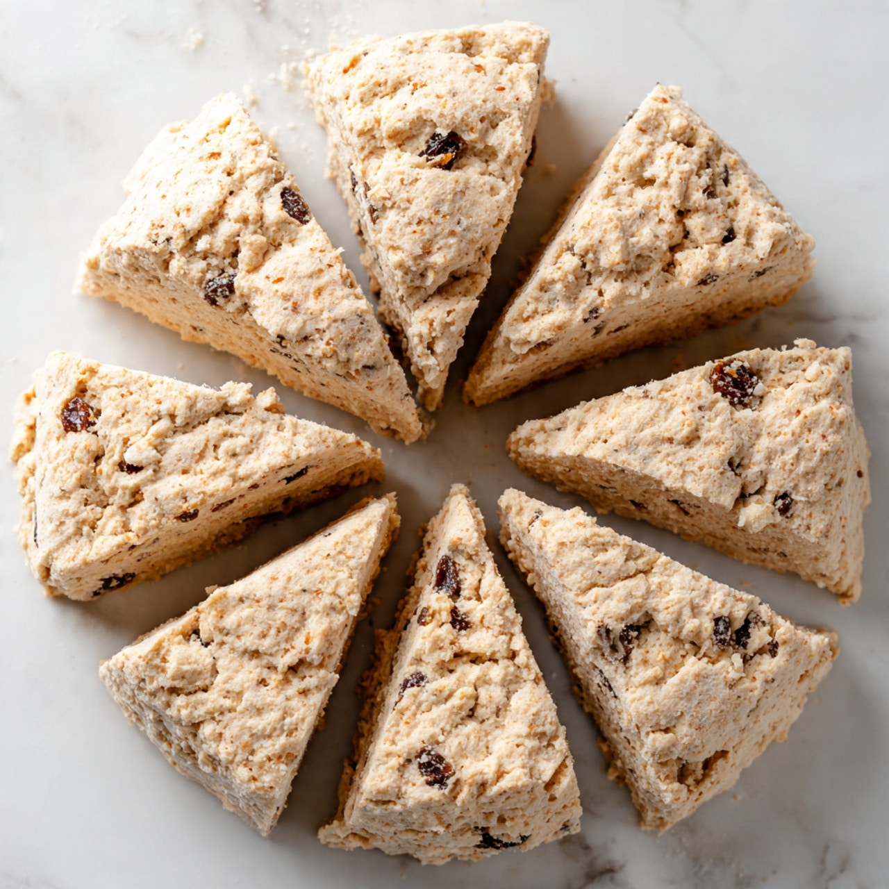A round oat cookie is shown from above, divided into eight equal triangular pieces. The cookie has a light brown color with visible oats and darker spots of raisins or chocolate chips scattered throughout. The edges of each piece show a rough texture with small cracks and crumbs, giving it a homemade feel. The background is a white marbled texture. photo taken with an iphone --ar 4:5 --v 7